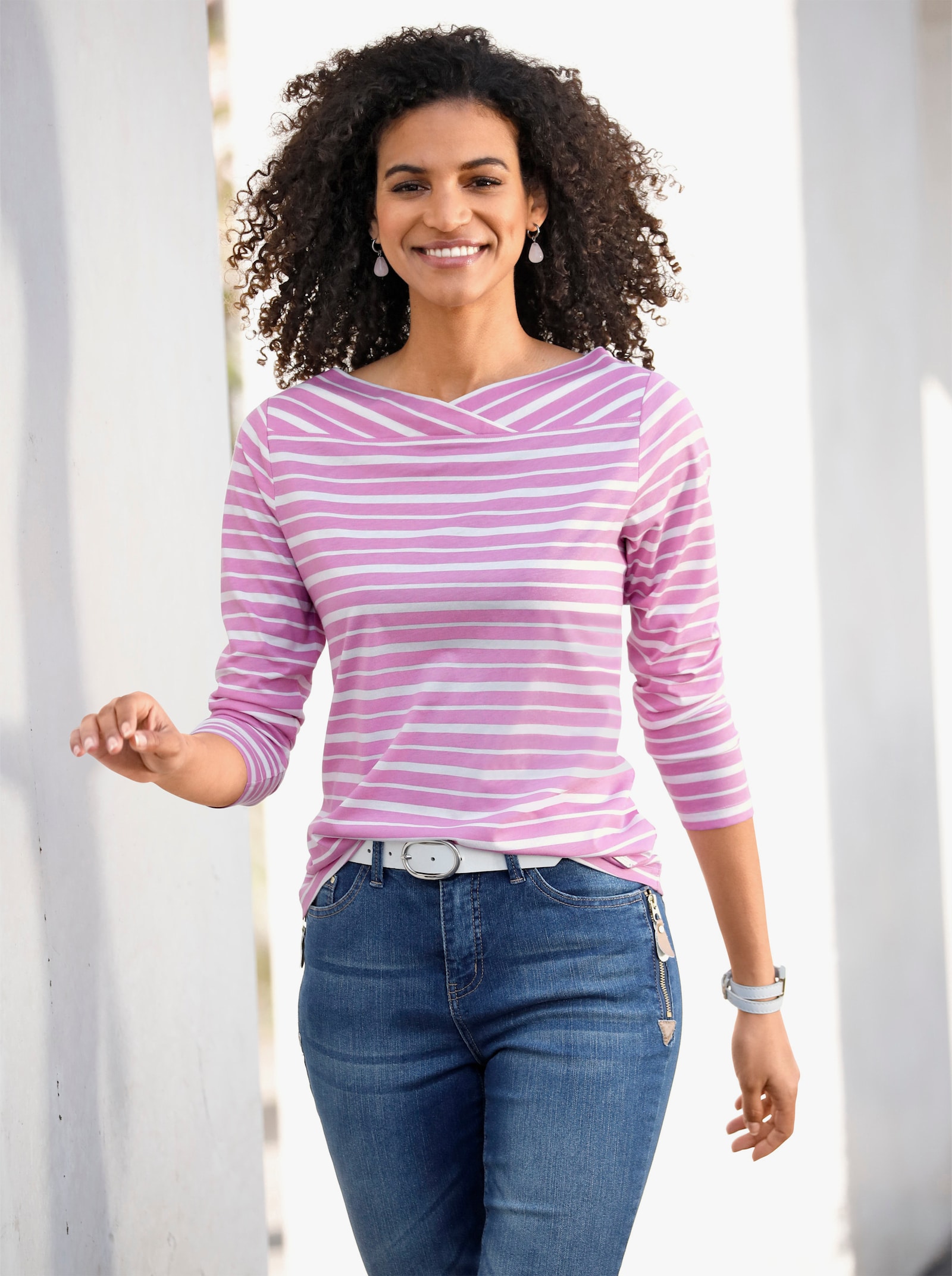 Gestreept shirt met overlappende hals - orchidee/champagne gestreept