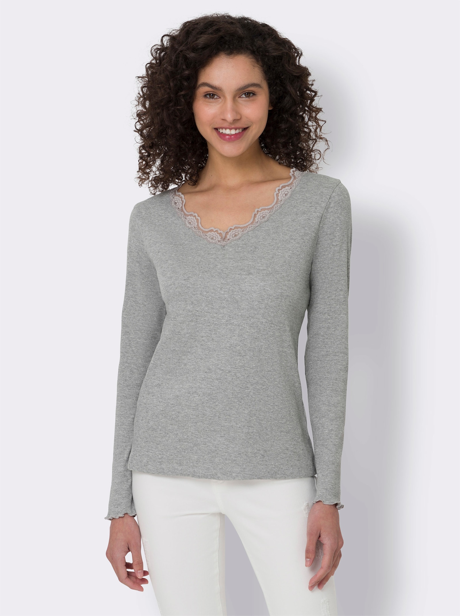 heine V-Shirt mit Spitze am Ausschnitt - hellgrau-meliert