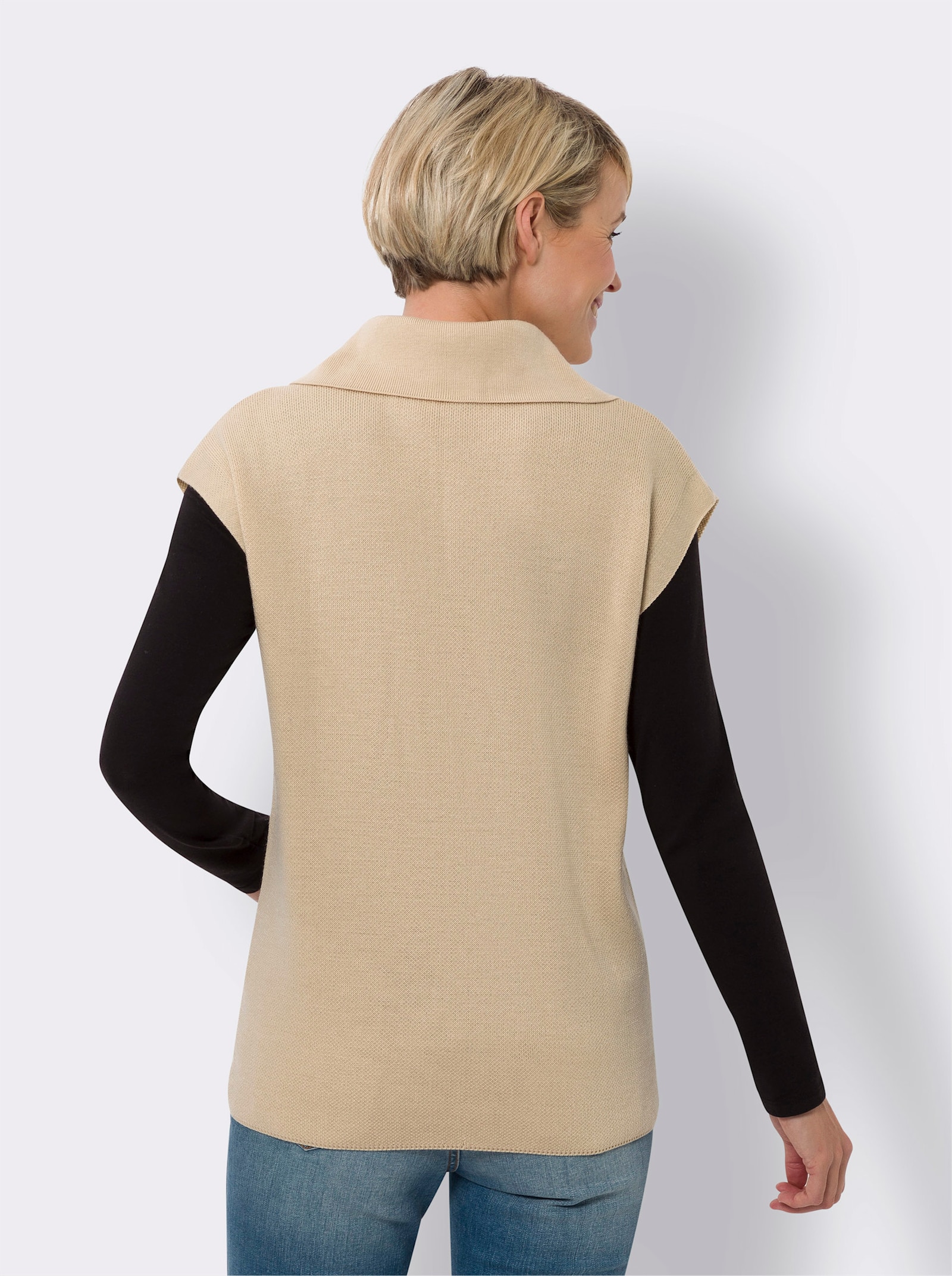 Svetr bez rukávů s ležatým límcem - písková