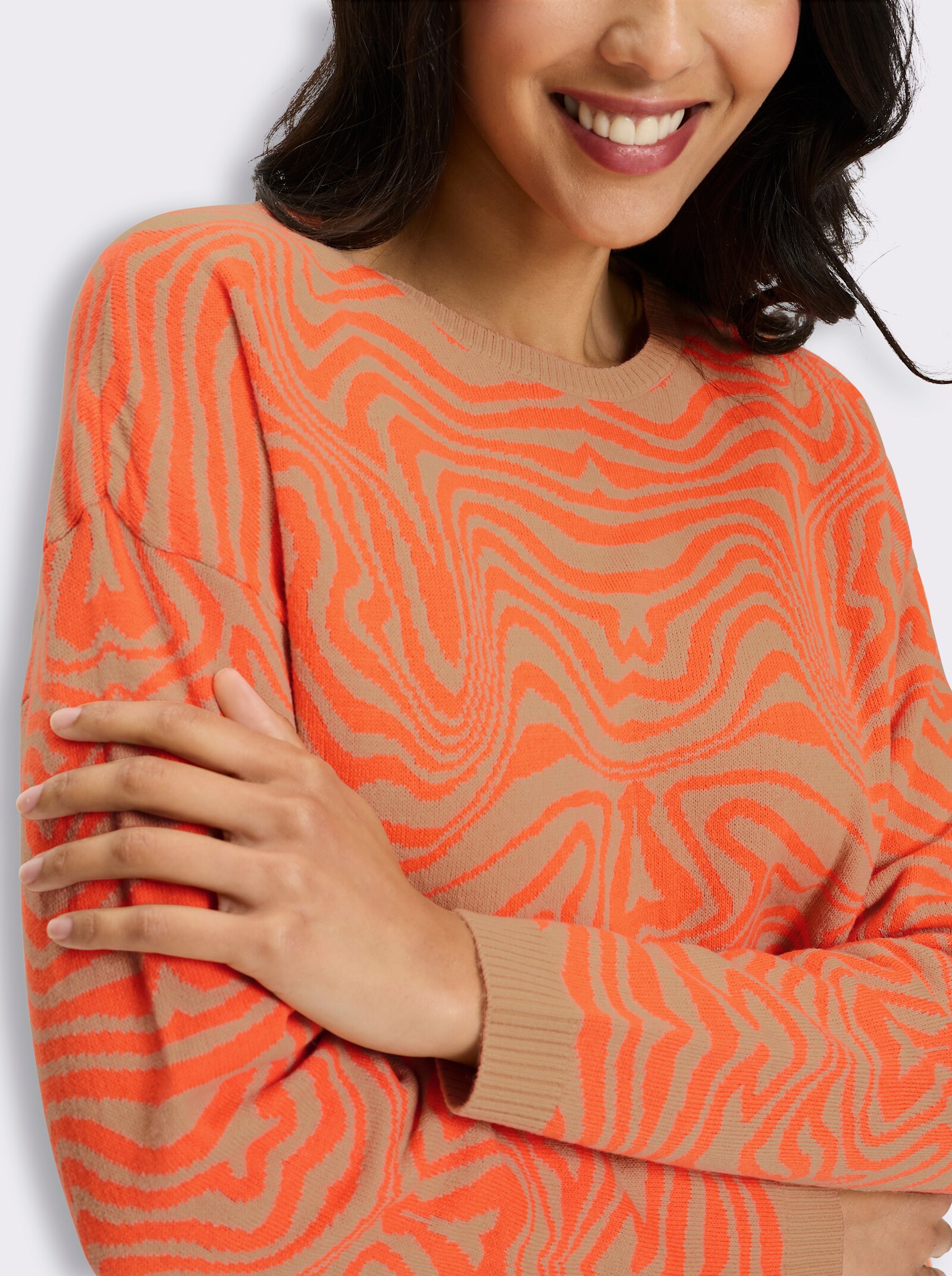 Longpullover mit Ripp-Abschlüssen - beige-orange-gemustert
