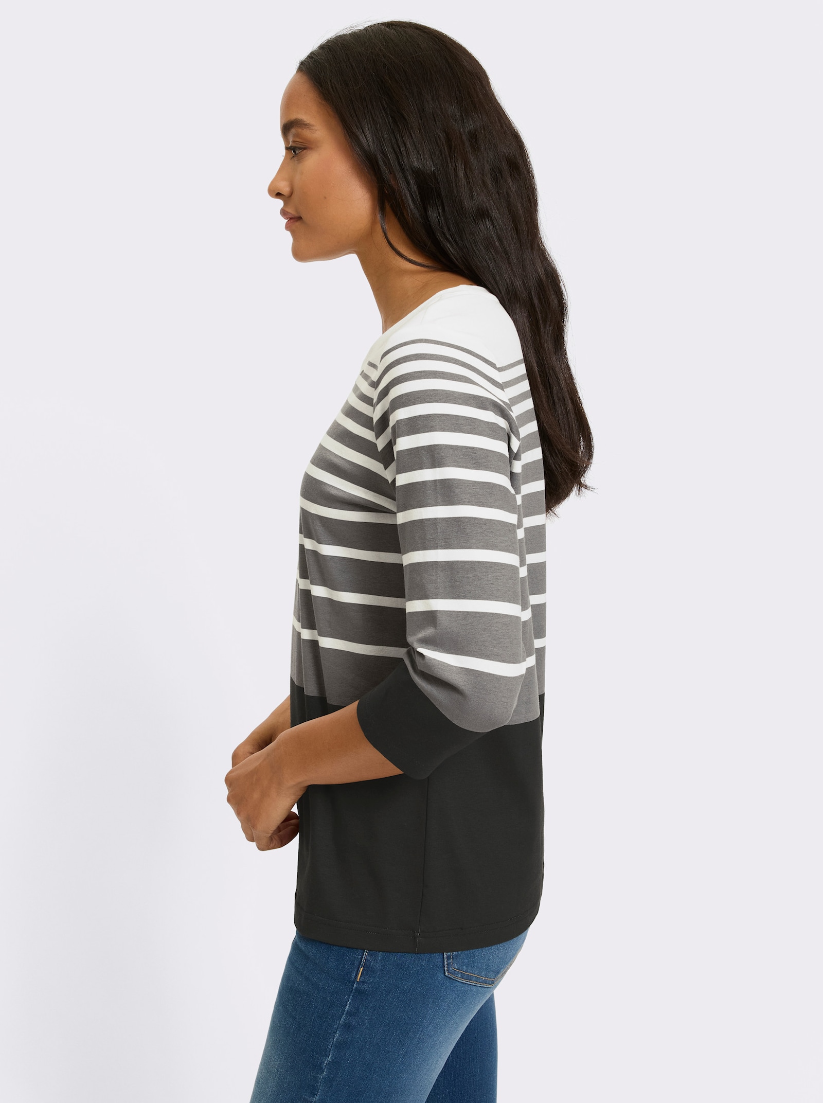 heine Shirt met 3/4-mouwen en streepjespatroon - zwart/grijs geprint