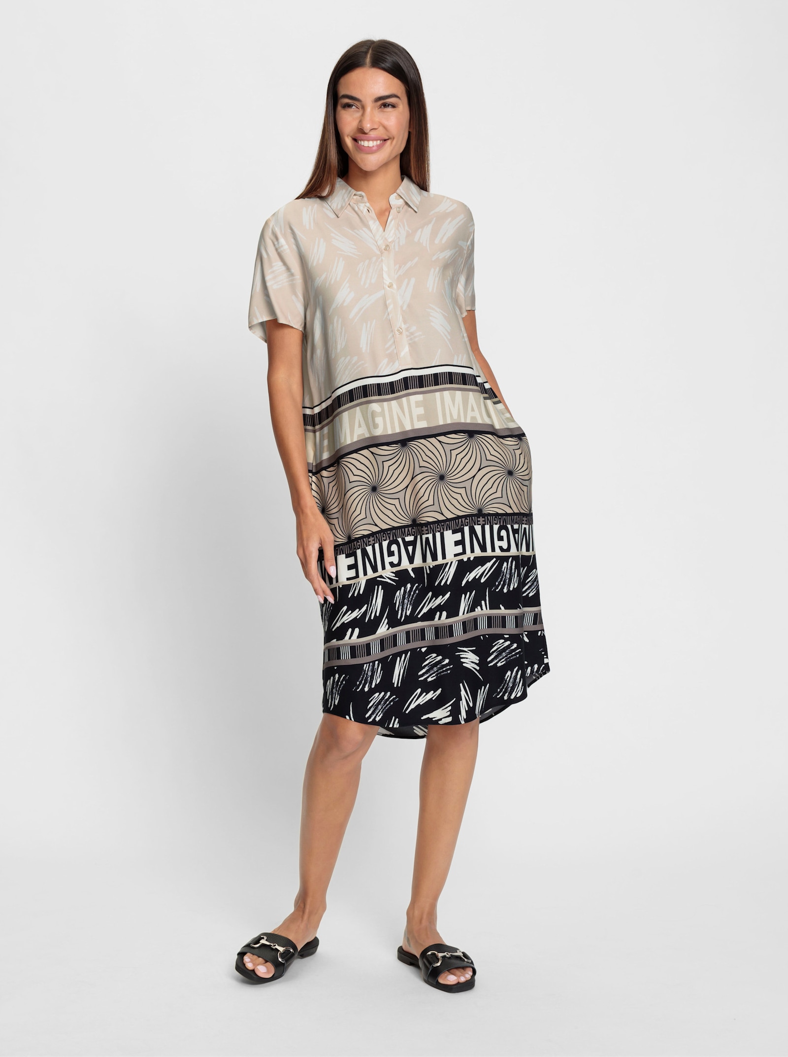 heine Druckkleid mit seitlichen Nahttaschen - ecru-beige-bedruckt