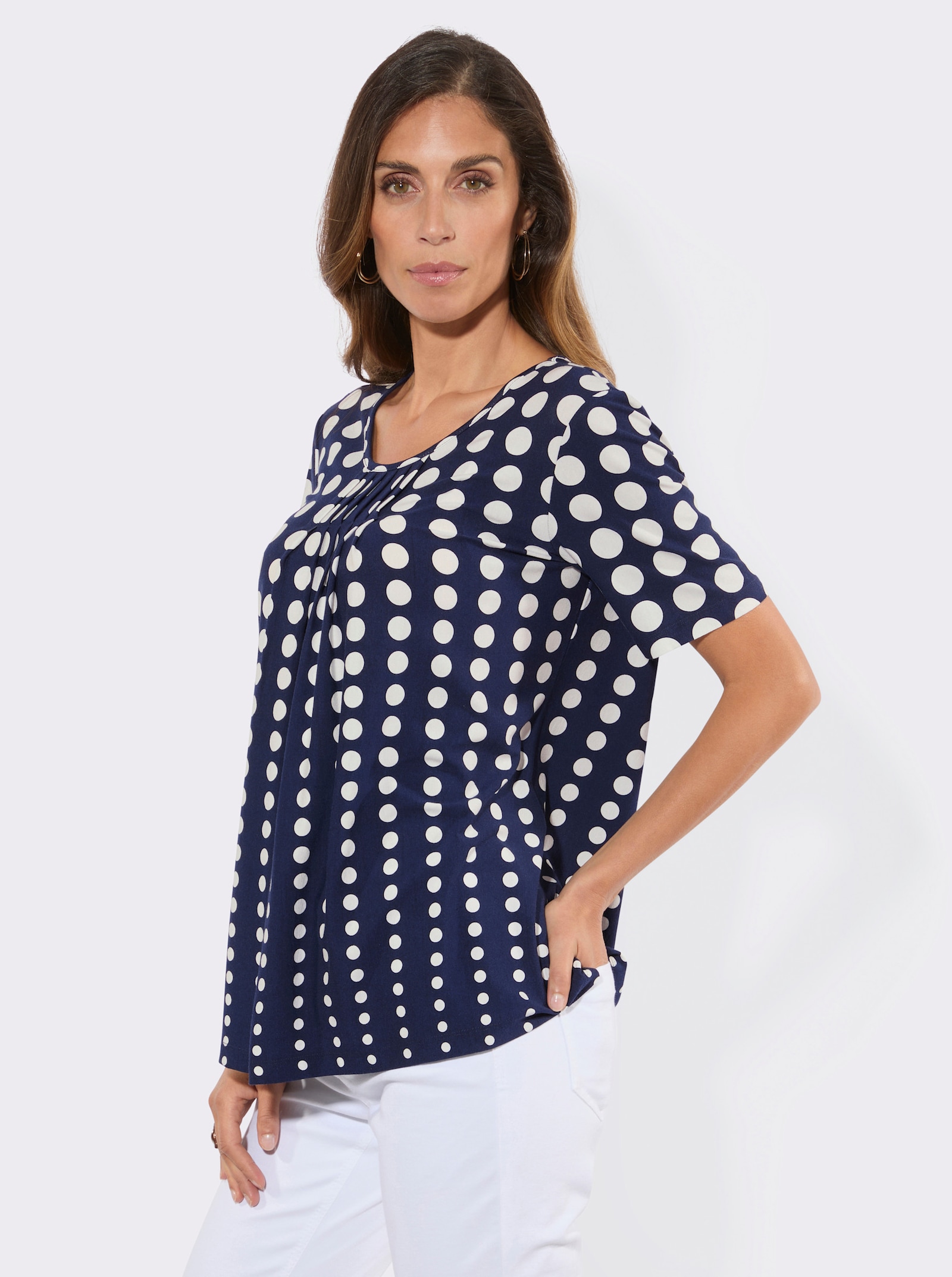 Kurzarmshirt in A-Form - marine-ecru-bedruckt