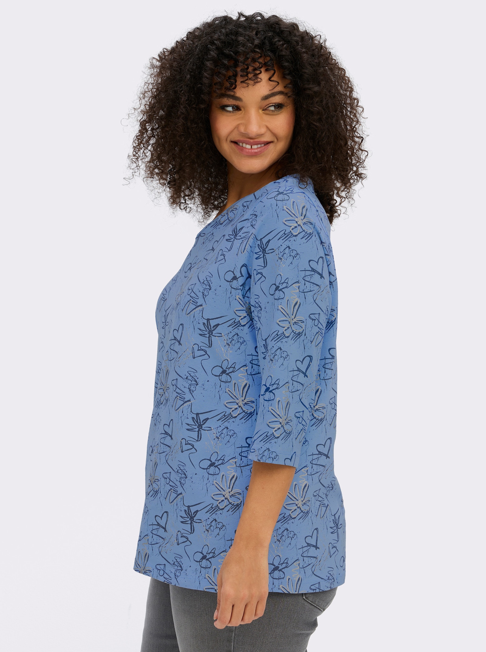 3/4-Arm-Shirt mit Herzen und Blüten verziert - bleu