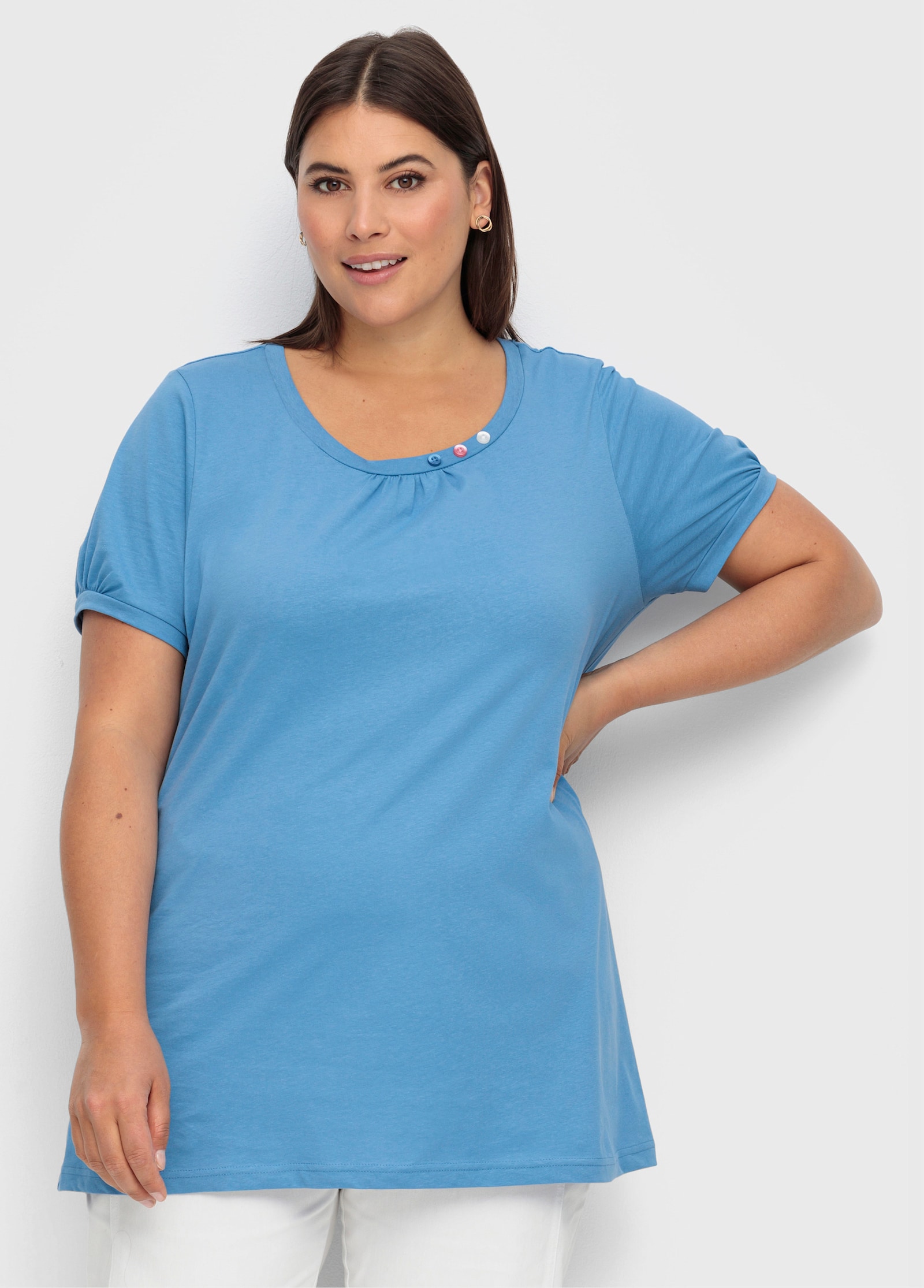 Longshirt mit gerafftem Ausschnitt - mittelblau