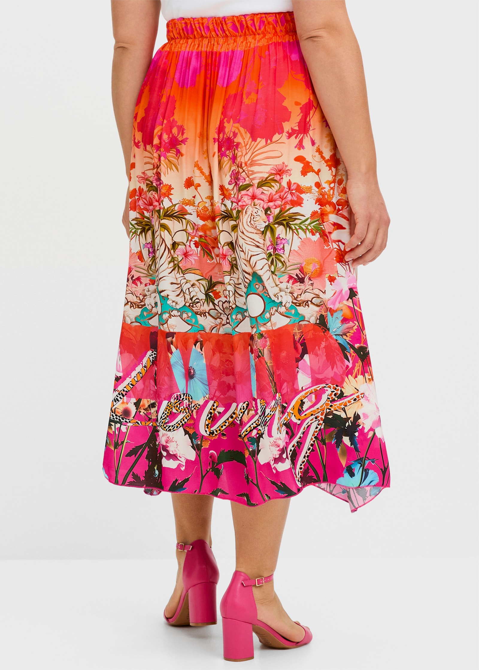 sheego loves miss goodlife Satinrock mit Multicolorprint und Gummizugbund - rotorange-gemustert