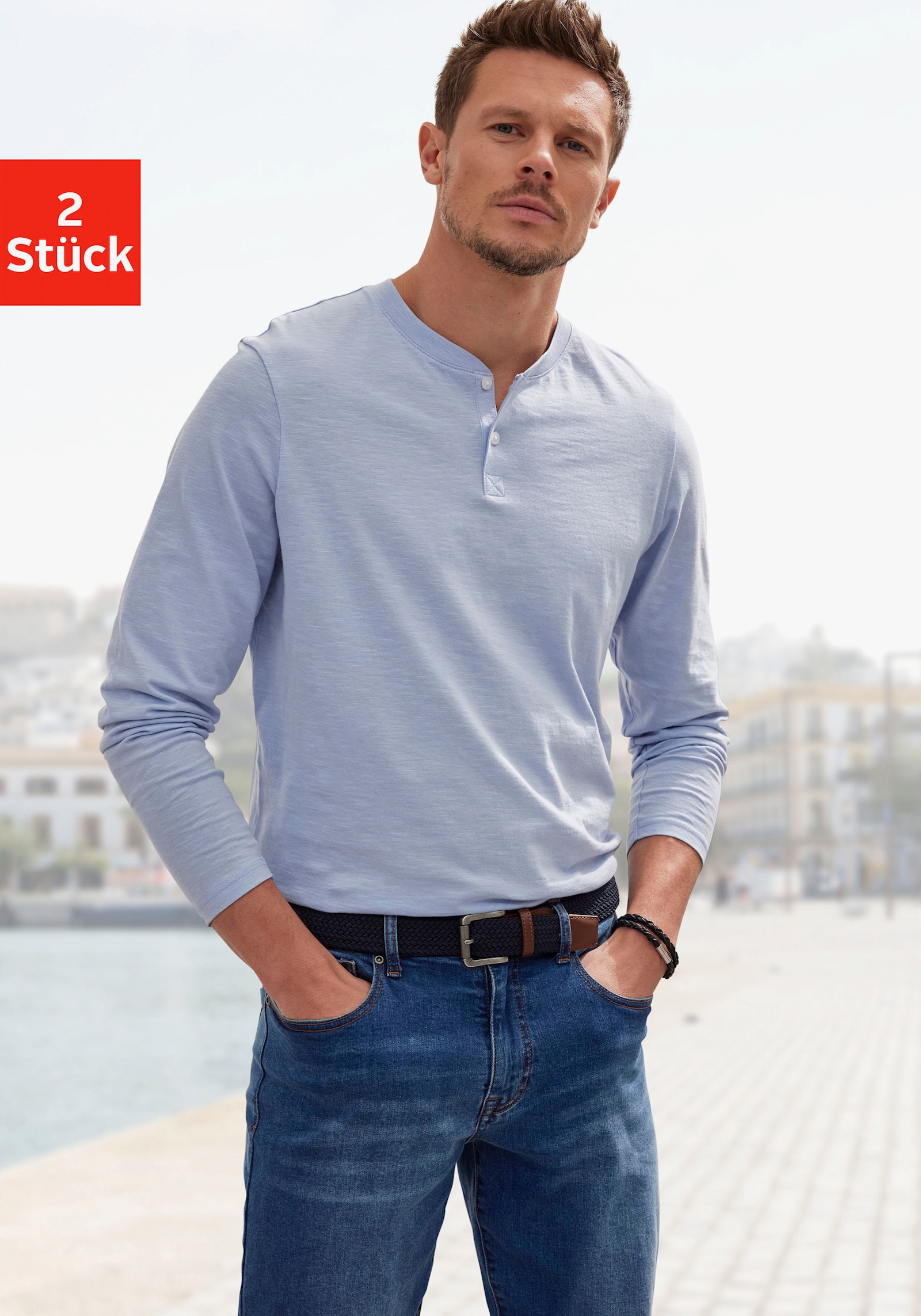 H.I.S Langarmshirt - hellblau / weiß