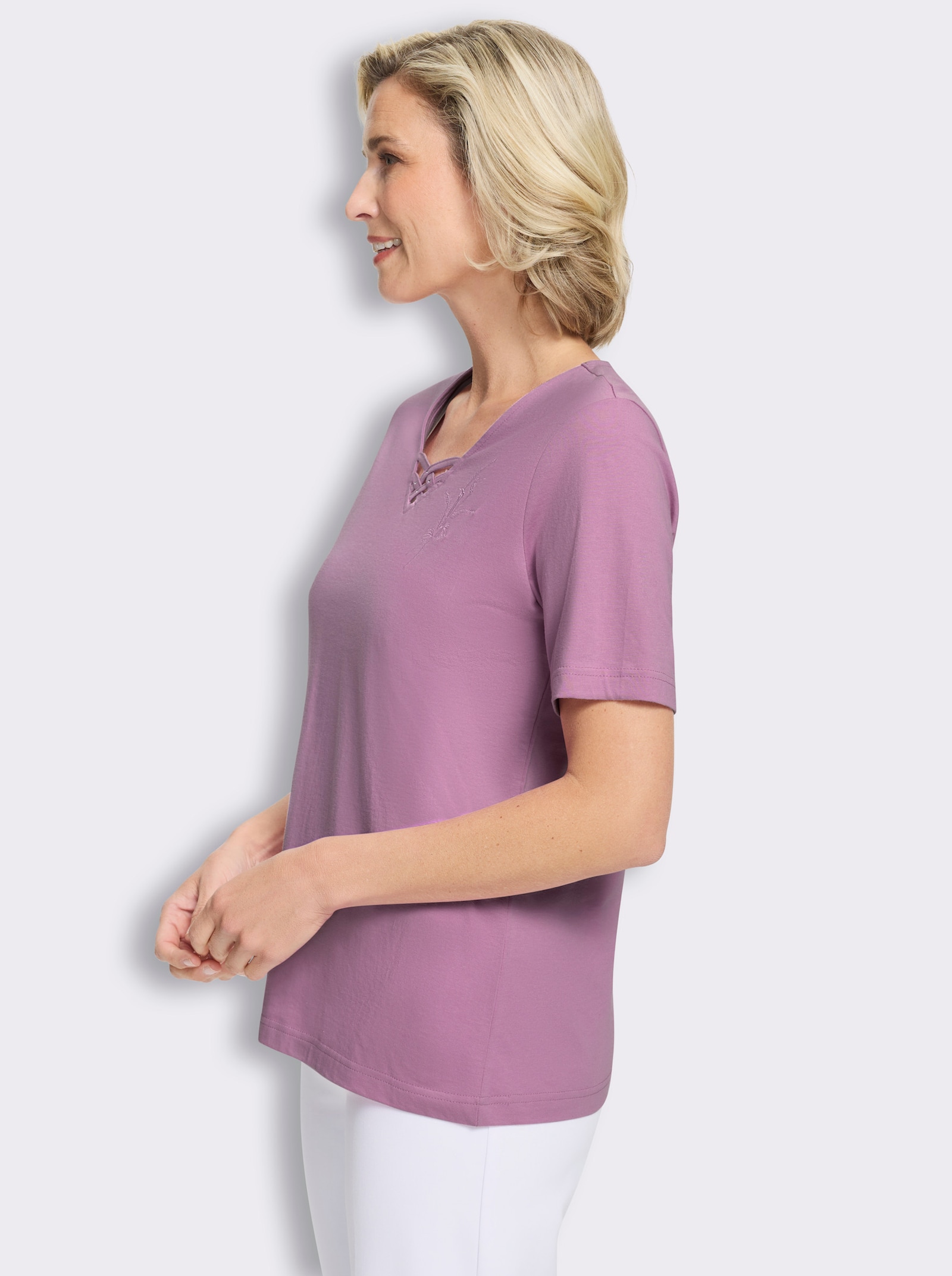 Shirt met korte mouwen en bloemenborduursel - orchidee