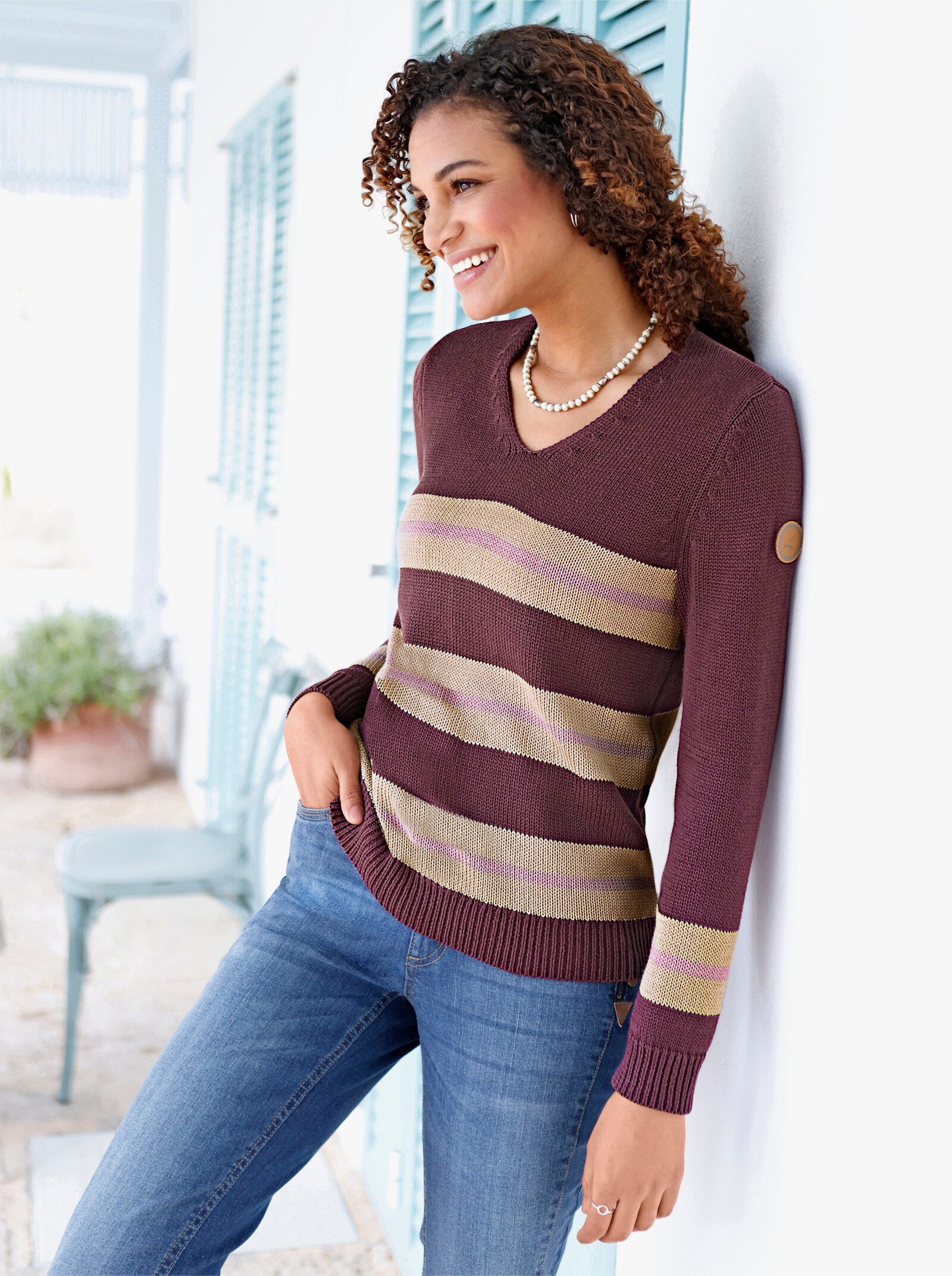 Pullover met V-hals - bordeaux/beige