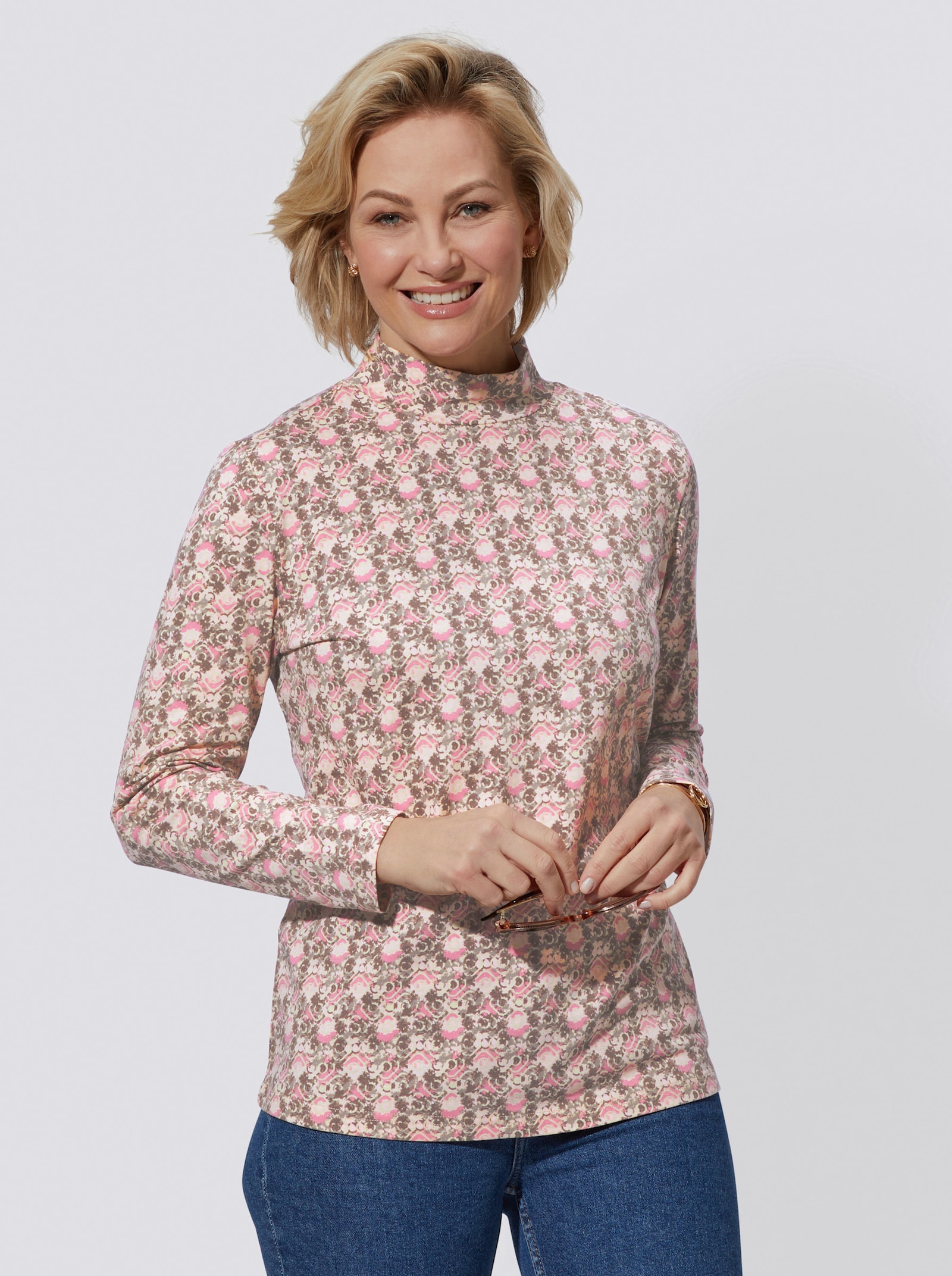 Stehkragenshirt aus Baumwoll-Stretch - altrosa-bedruckt