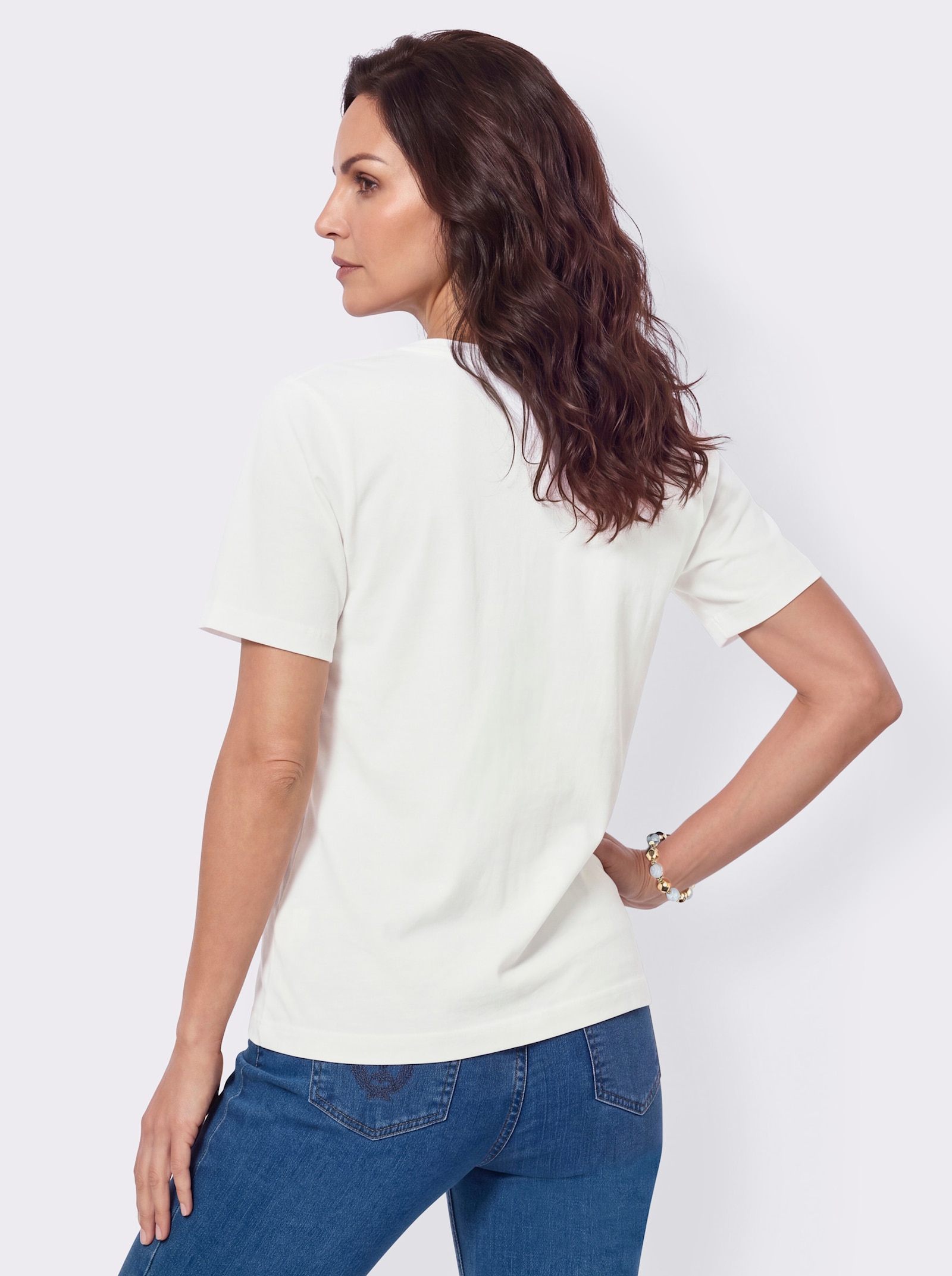 Kurzarmshirt mit Blüten- und Schmetterlingsmotiv - ecru