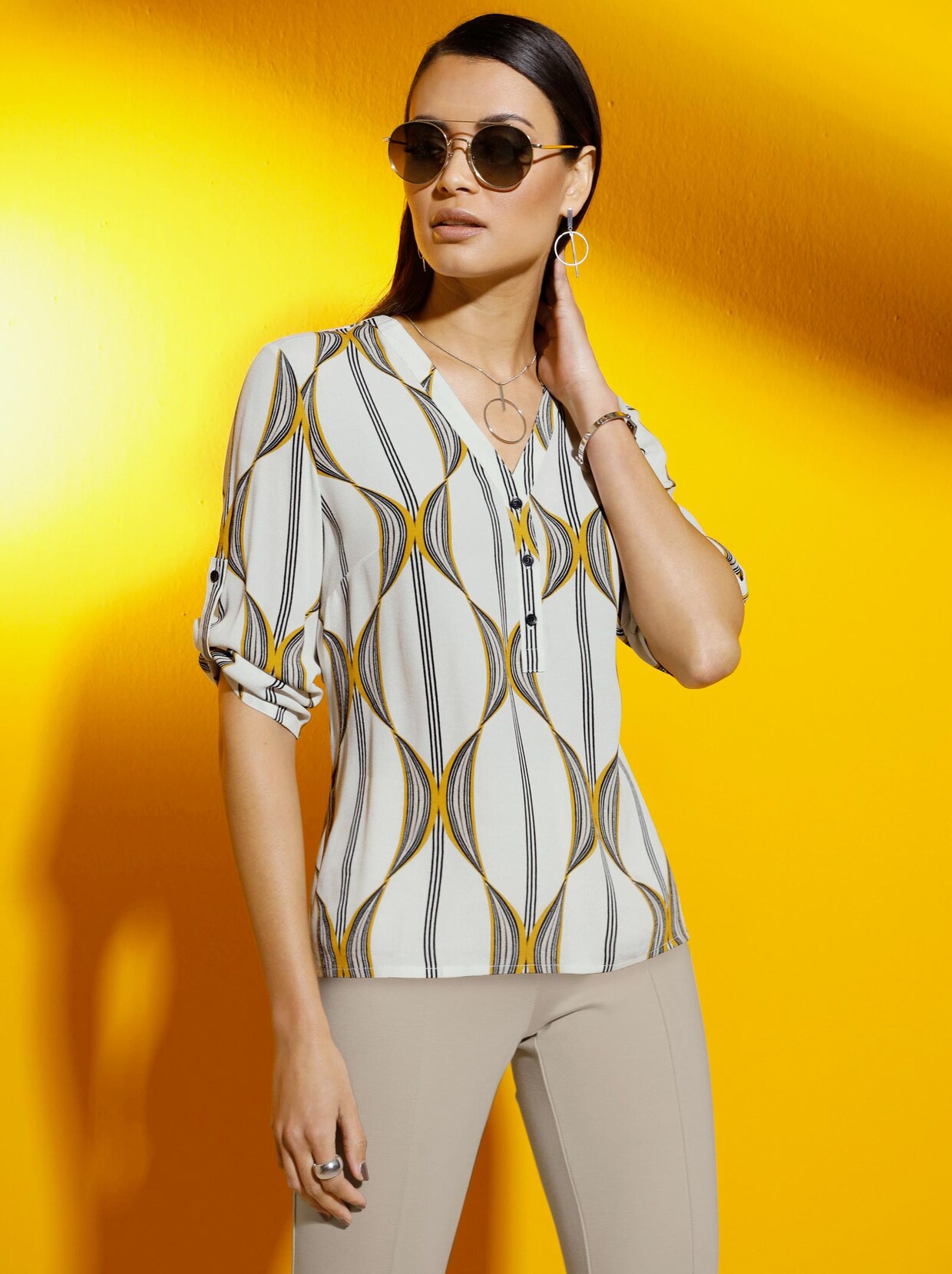 Druckbluse - ecru-ocker-bedruckt