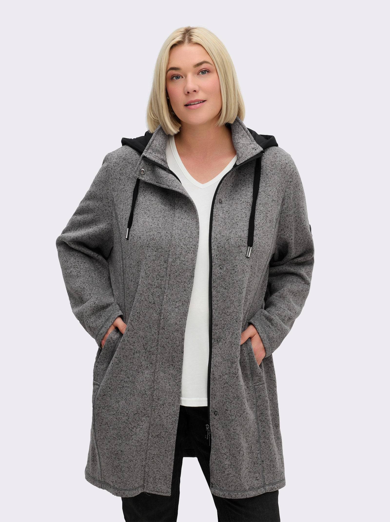 sheego Strickfleecejacke mit Kapuze - anthrazit-meliert