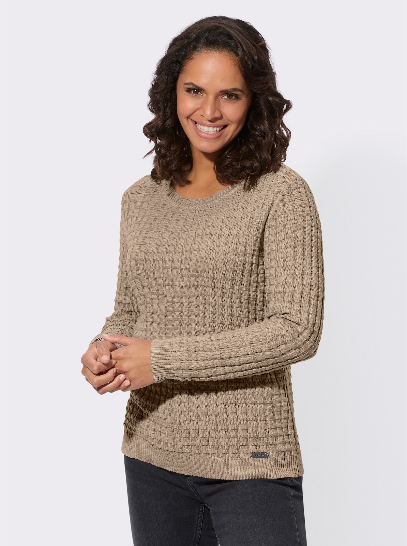 Langarm-Pullover mit Waffel-Struktur - beige