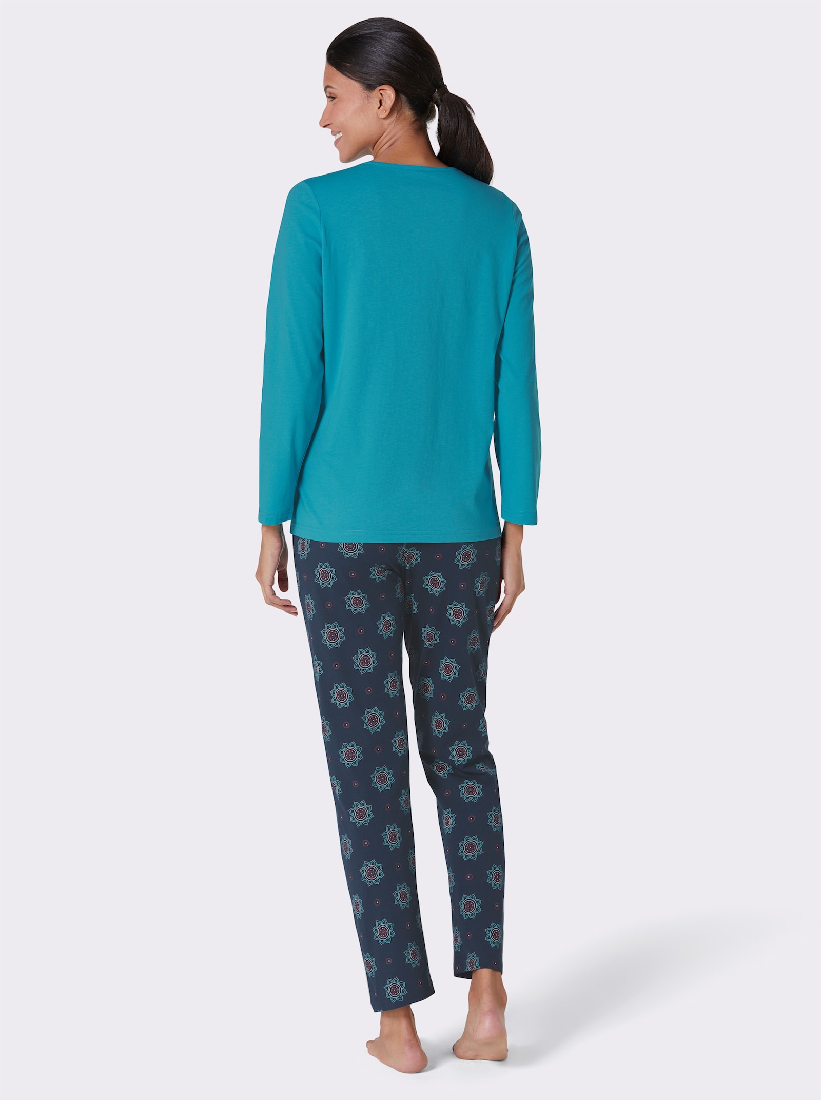 Comtessa Schlafanzug aus reiner Baumwolle - türkis-marine-bedruckt
