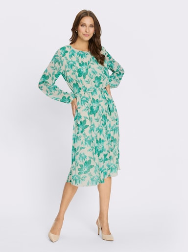 Plisseekleid mit abnehmbarem Bindegürtel - smaragd-champagner-bedruckt