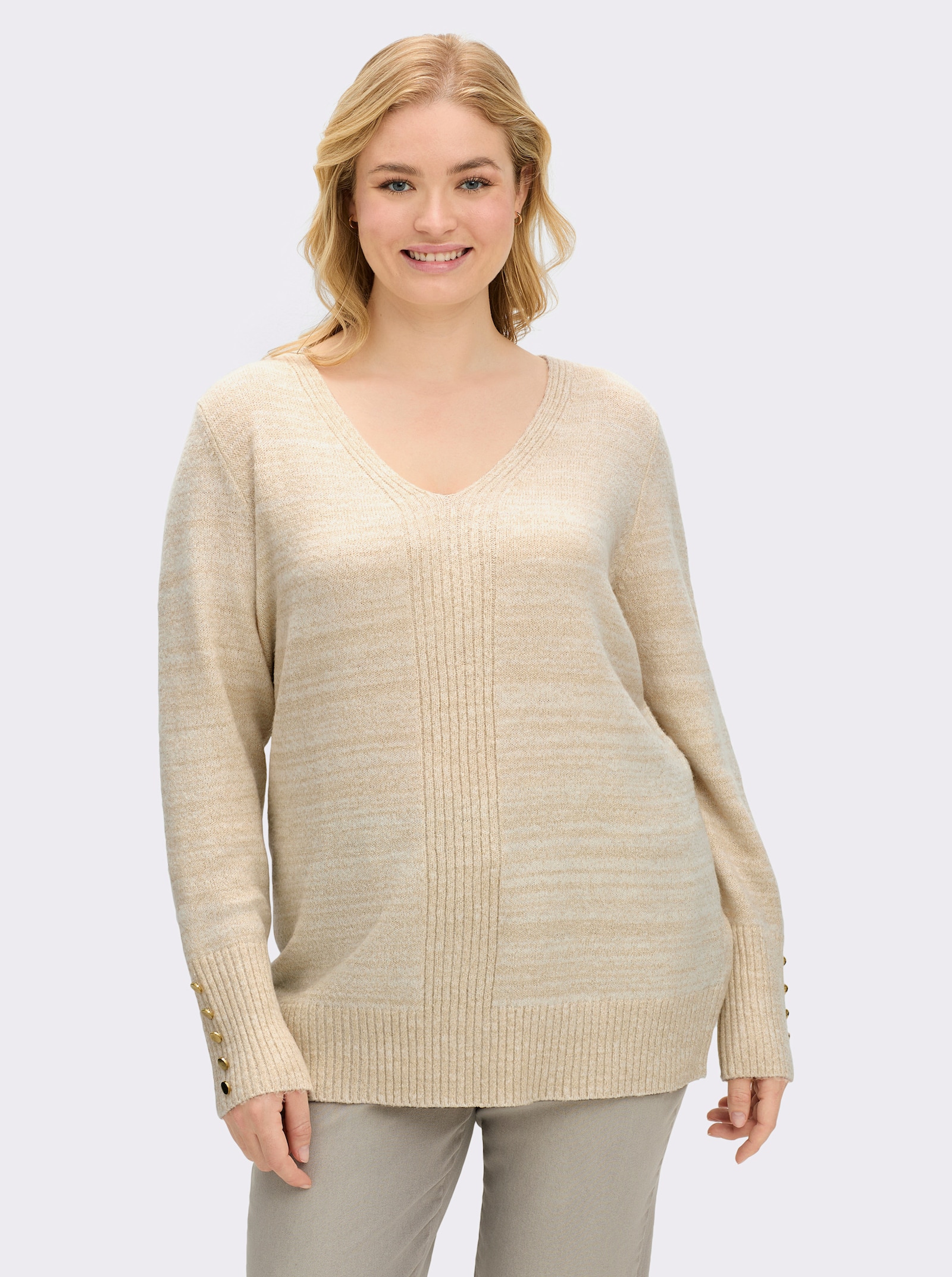 sheego by Joe Browns Pullover met V-hals, ribinzet en effectgaren - champagne