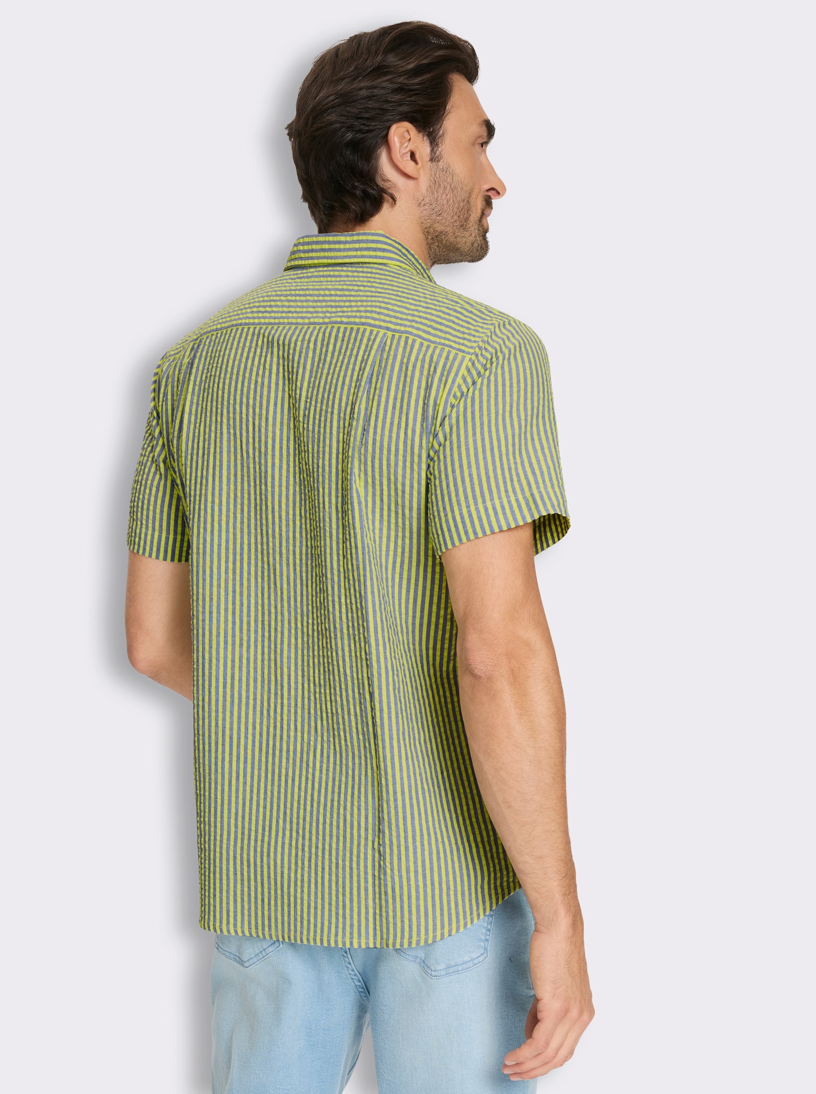 Marco Donati Kurzarmhemd aus Baumwoll-Seersucker - jeansblau-limone-gestreift