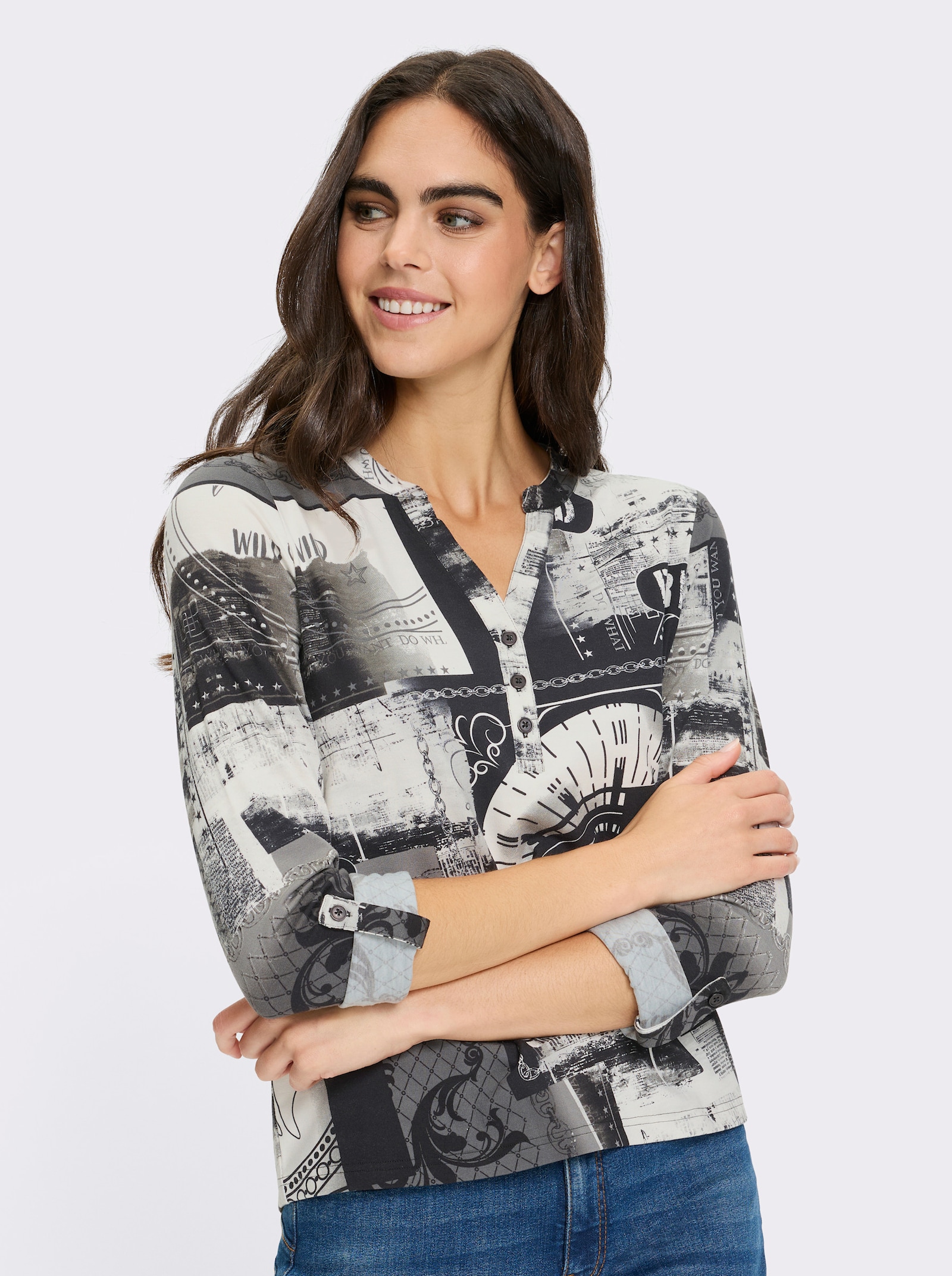 heine Blusenshirt mit kurzer Knopfleiste - weiß-schwarz-bedruckt