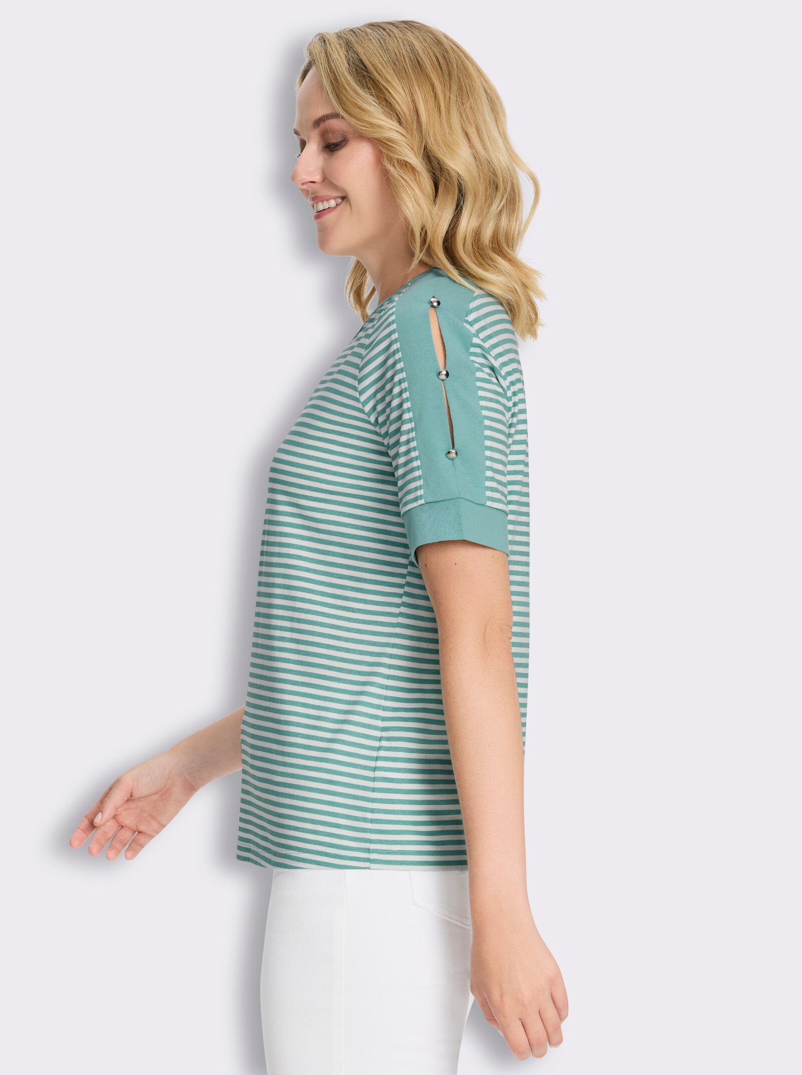 Kurzarmshirt mit Zierknöpfen - salbei-ecru-geringelt
