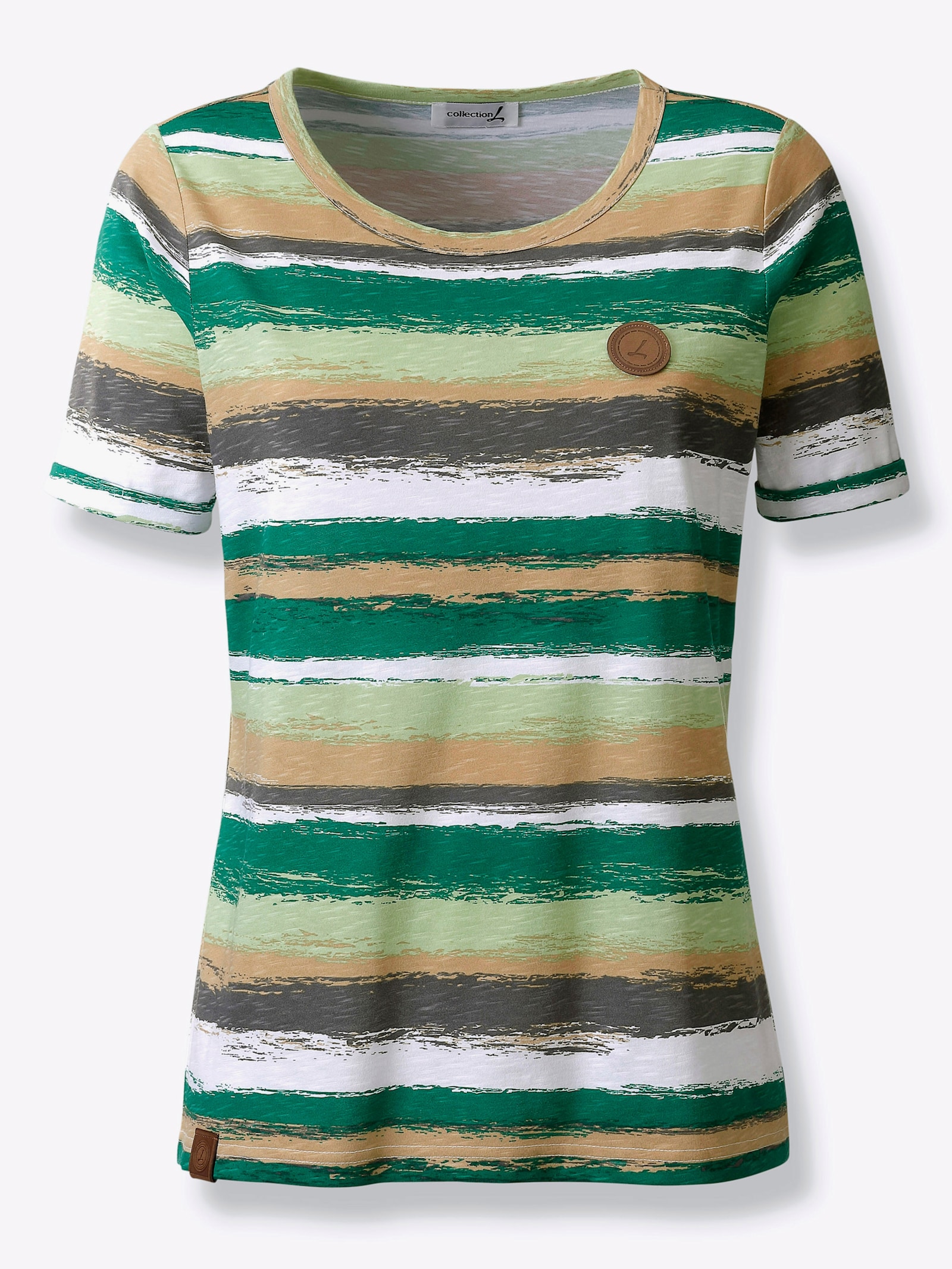 Randig topp + skinnimitationsdetaljer - grön-kamel-med tryck