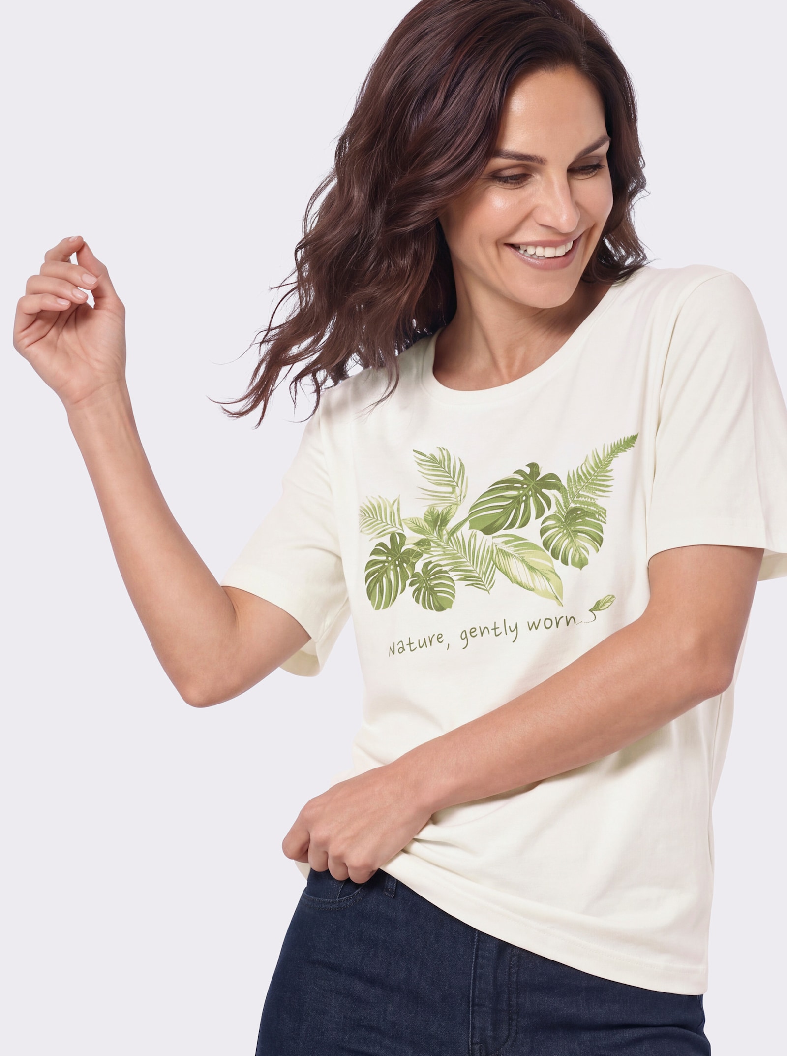 Print-Shirt mit Blätter-und Schriftzug-Motiv - ecru-oliv-bedruckt