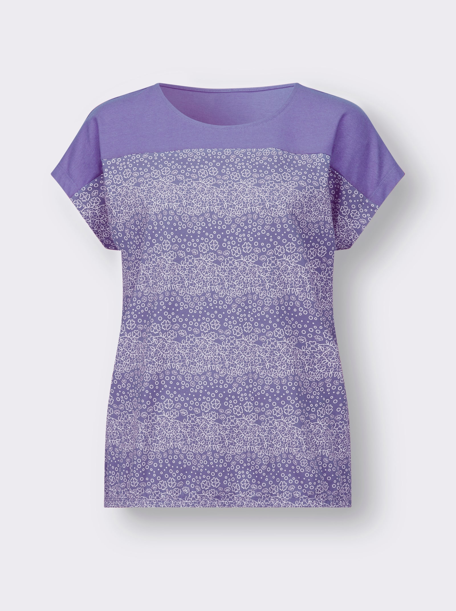 Tričko s kulatým výstřihem s vlnitým vzorem - levandulová-ecru-potisk