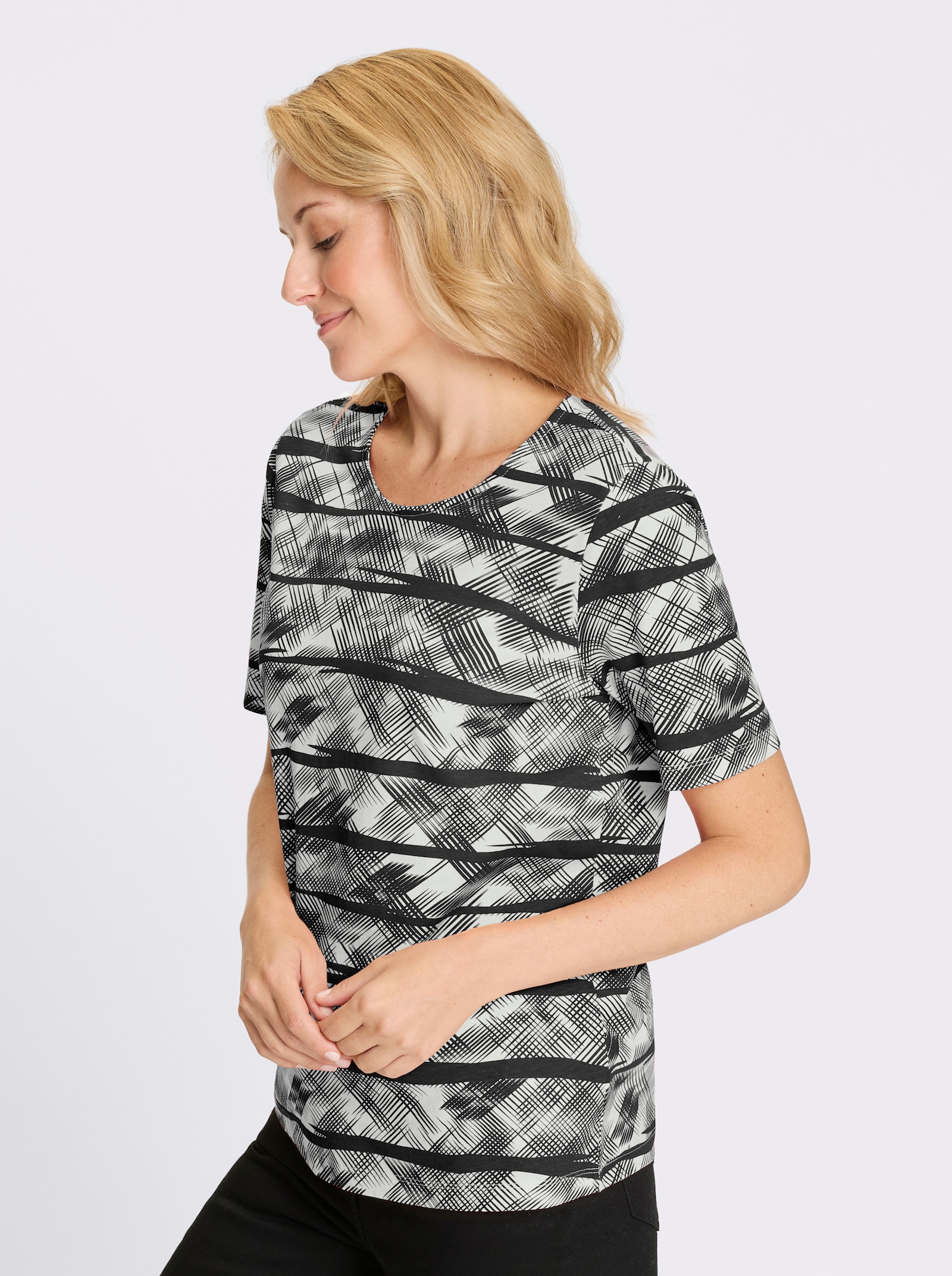 Kurzarmshirt aus reiner Baumwolle - schwarz-ecru-bedruckt