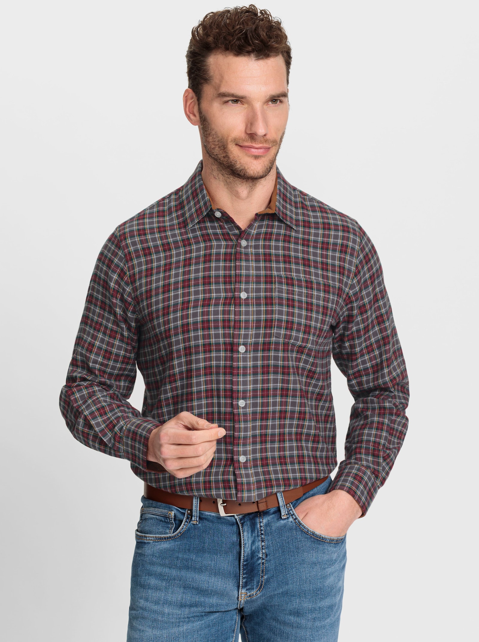 Marco Donati Flanellen overhemd met accenten van ribcord - donkerrood/antraciet geruit