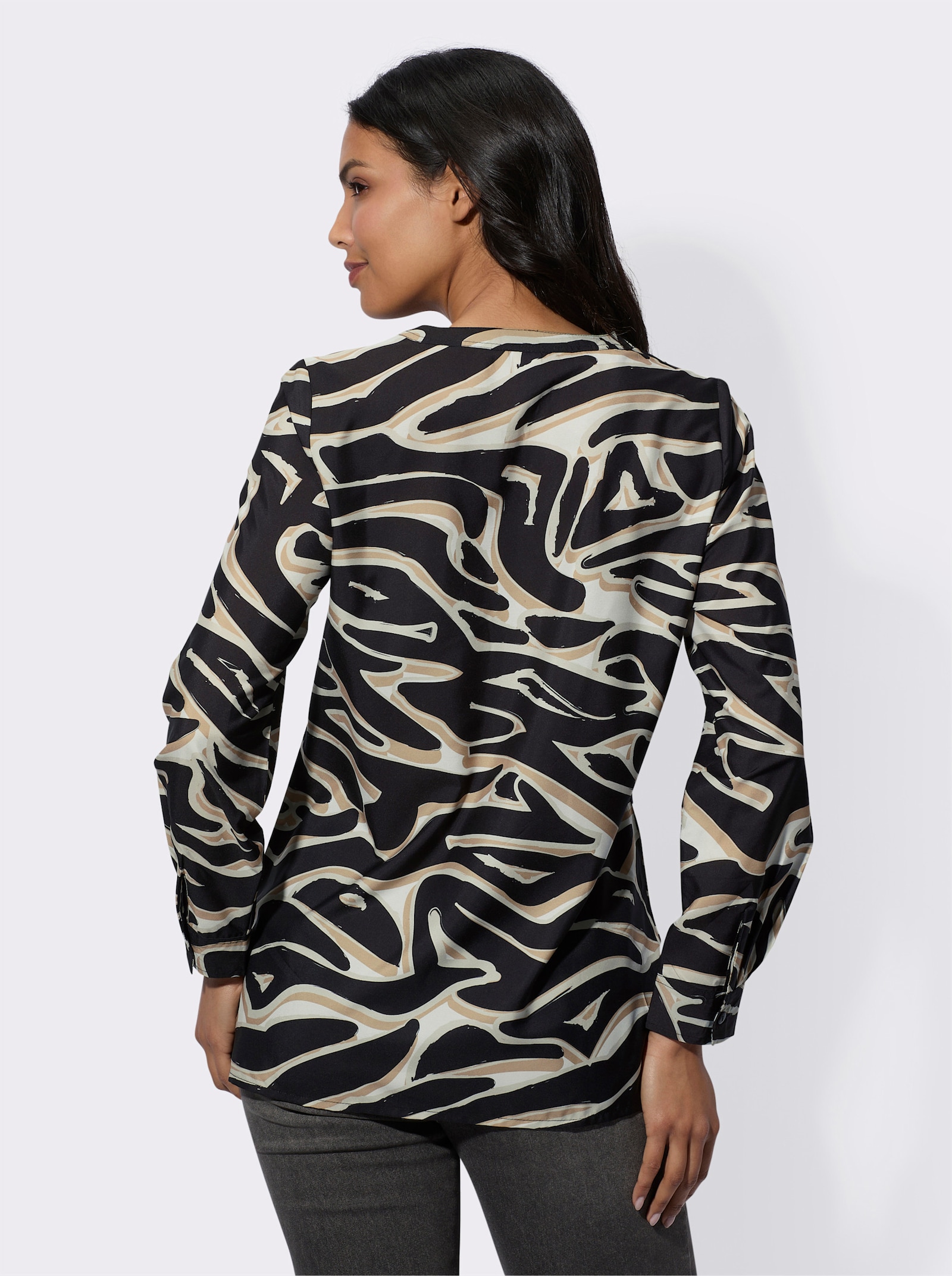 Navliekacia blúzka so zvieracou potlačou - svetlobéžovo-čierna potlač