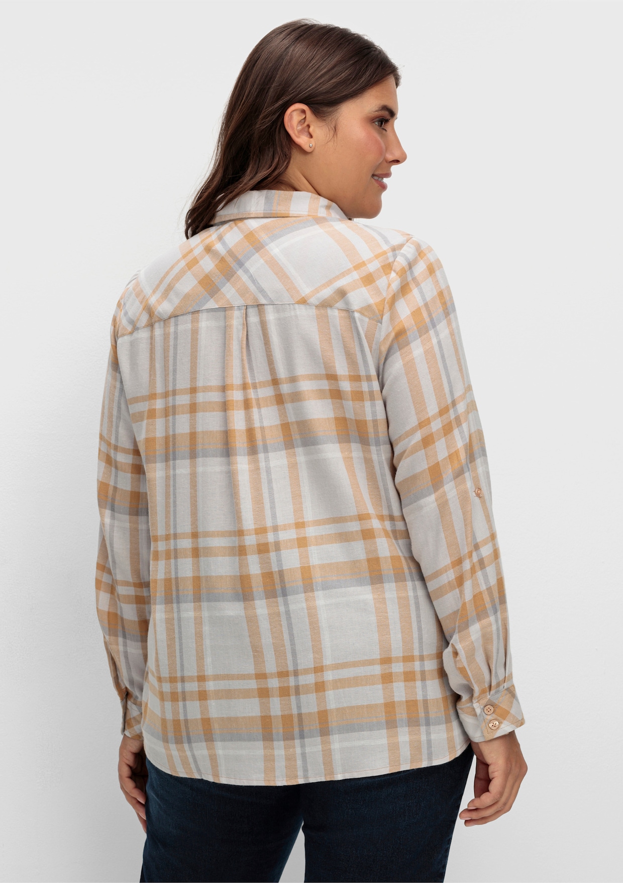 Flanellbluse mit krempelbaren Ärmeln - steingrau-camel-kariert