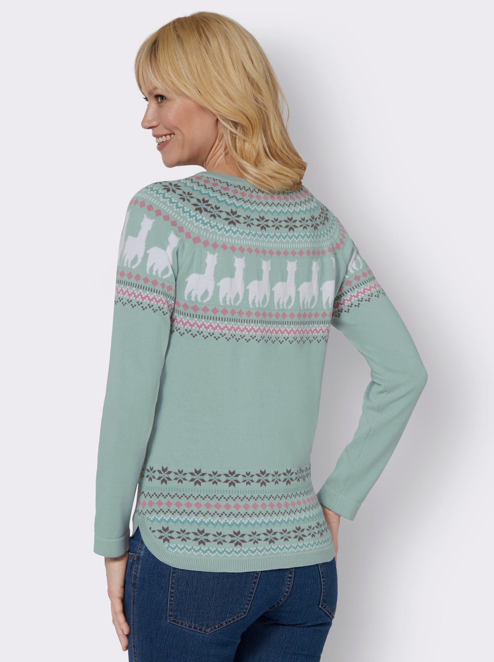 Pull à manches longues avec motif alpaga - vert menthe-écru à motifs
