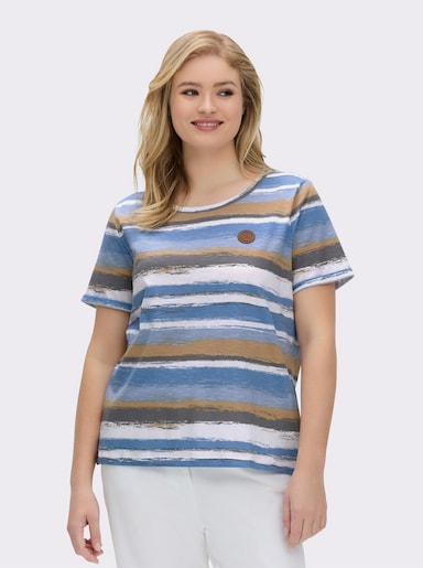 Streifenshirt mit Lederimitat-Details - mittelblau-camel-bedruckt