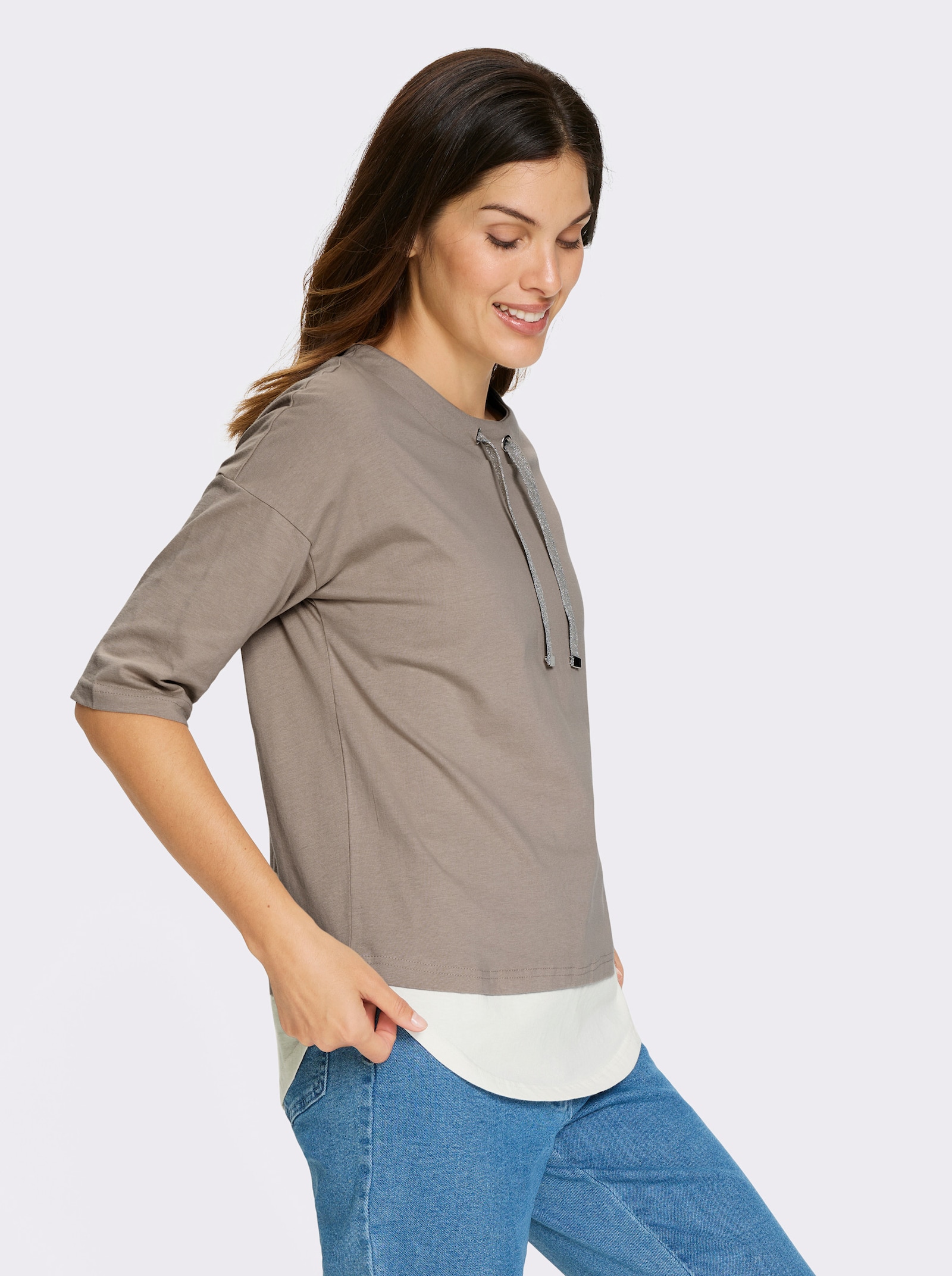 Shirt met korte mouwen in 2-in-1-look - sesam/ecru