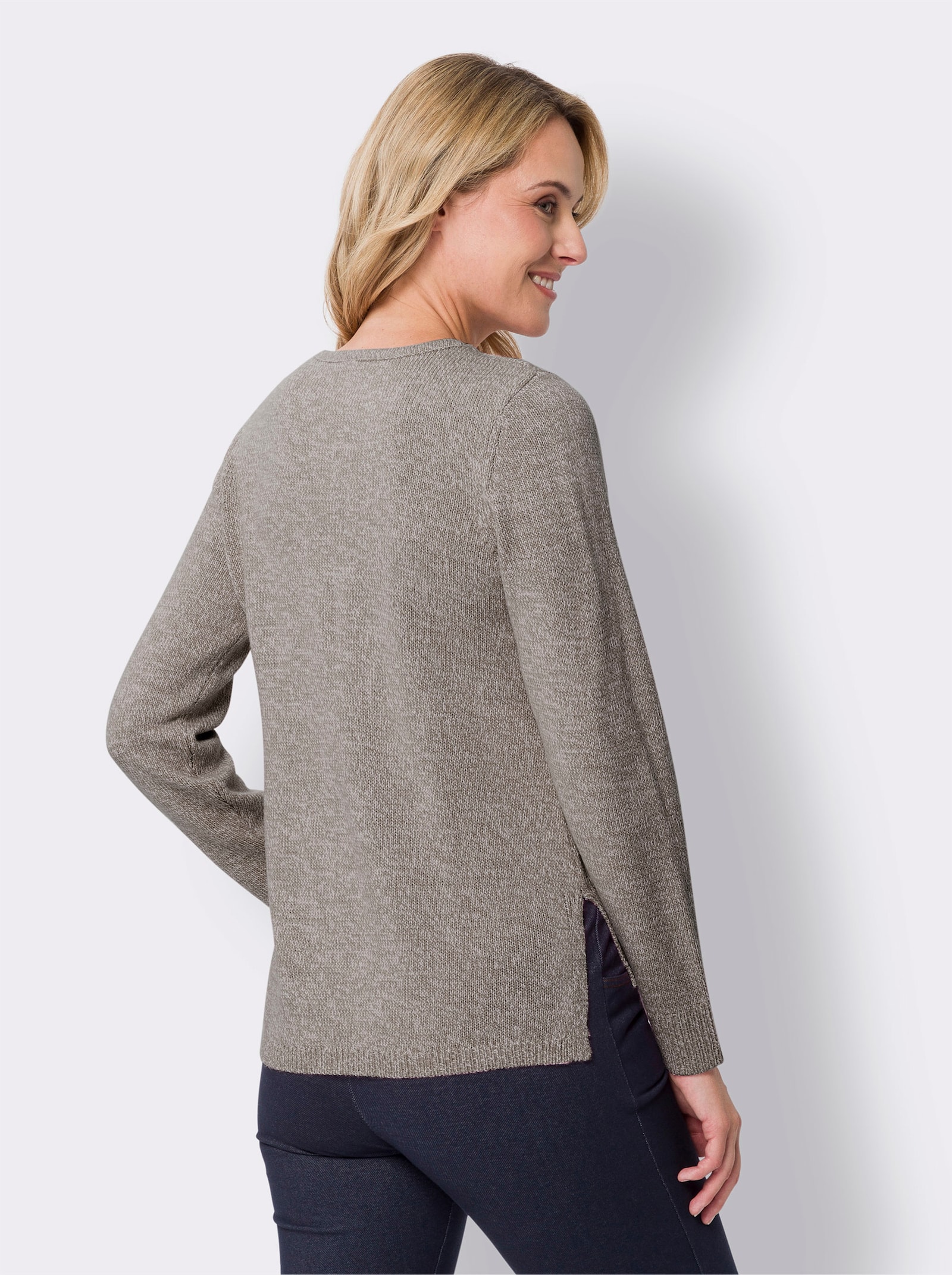 Langarm-Pullover mit Seitenschlitzen - dunkeltaupe-meliert