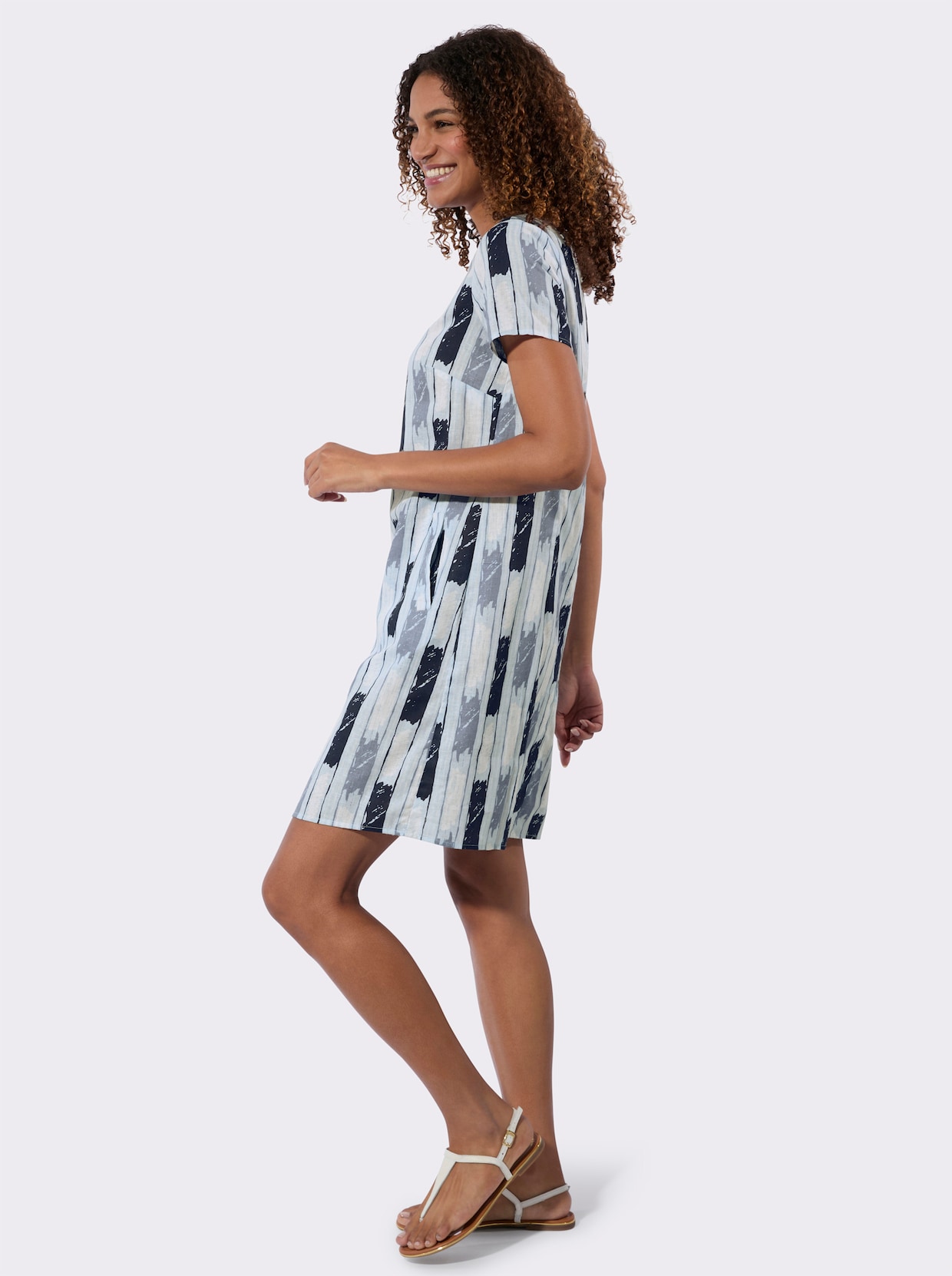 Druckkleid - taubenblau-ecru