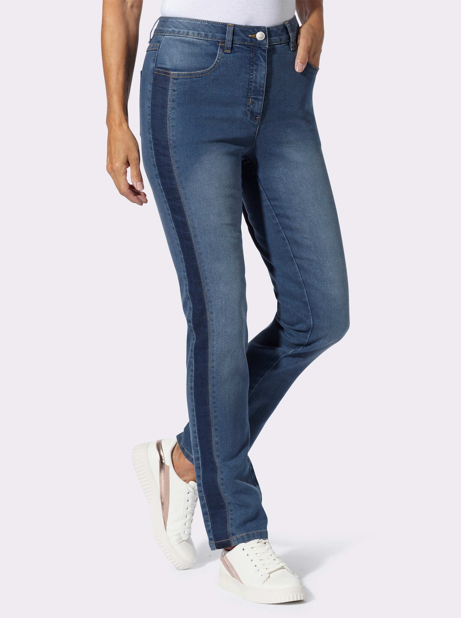 High-waist-Jeans mit goldfarbener Stickerei - blue-bleached