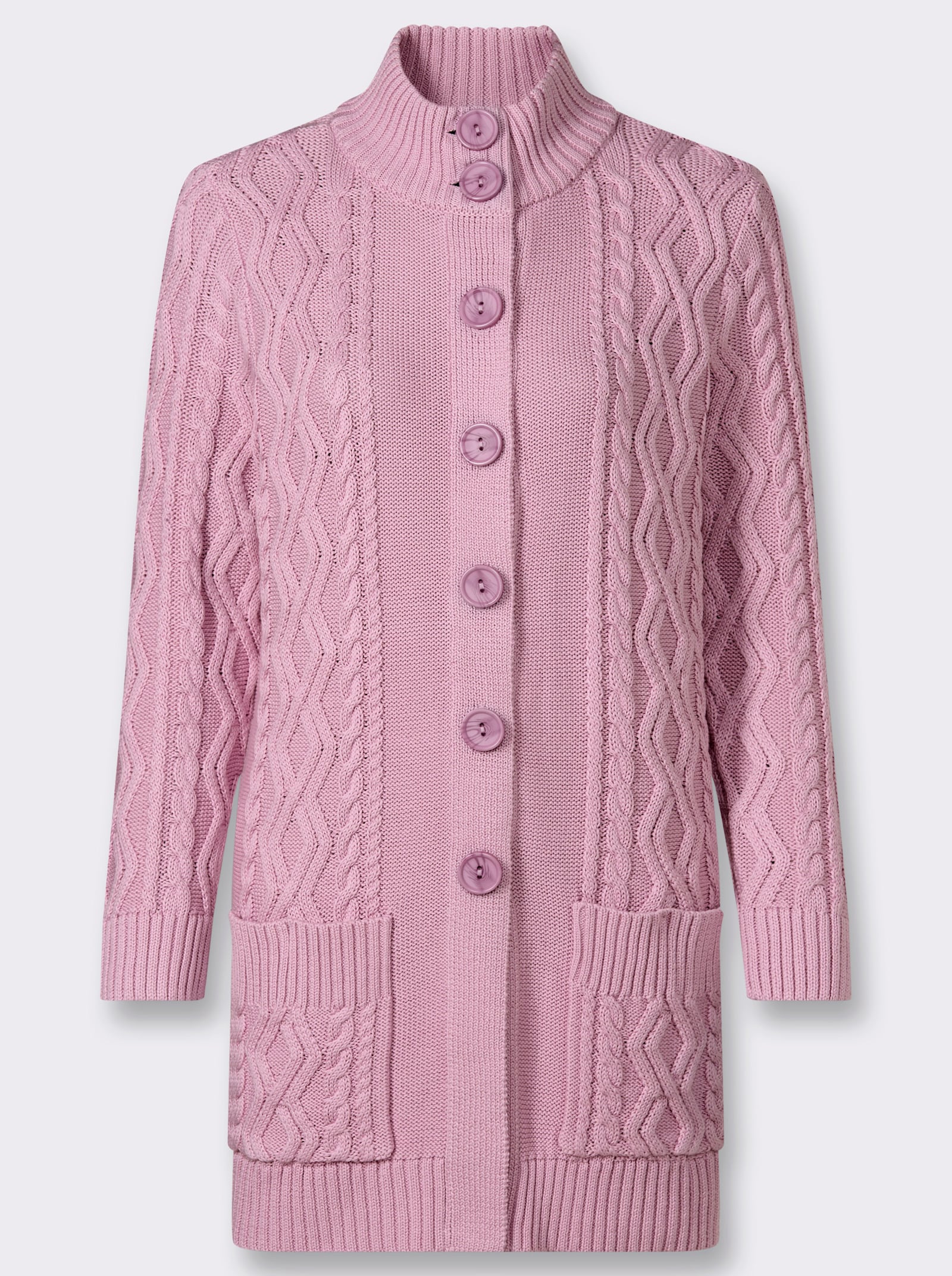Longstrickjacke mit Zopfmuster rundum - rosé
