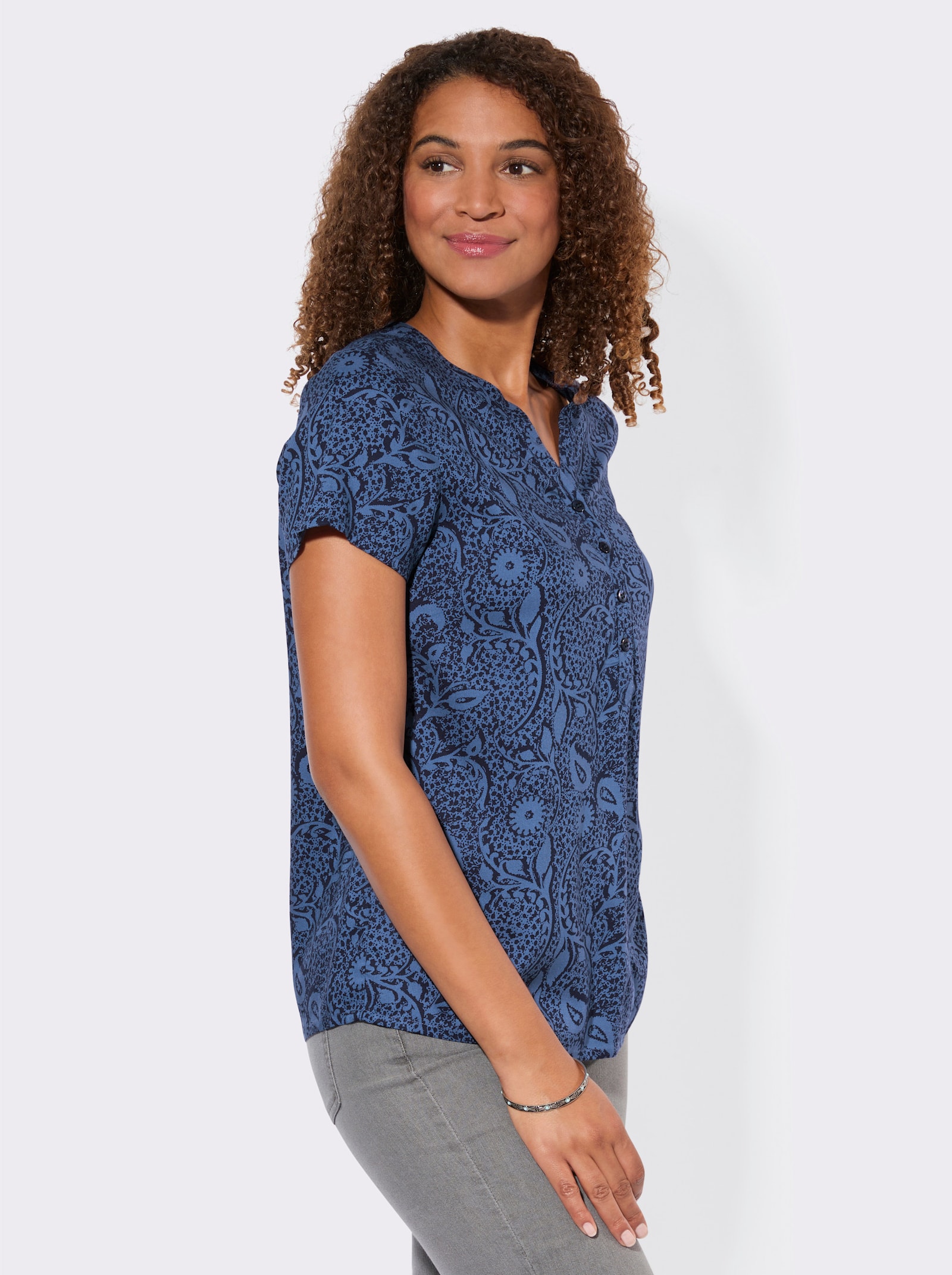 Schlupfbluse aus reiner Viskose - jeansblau-marine-bedruckt