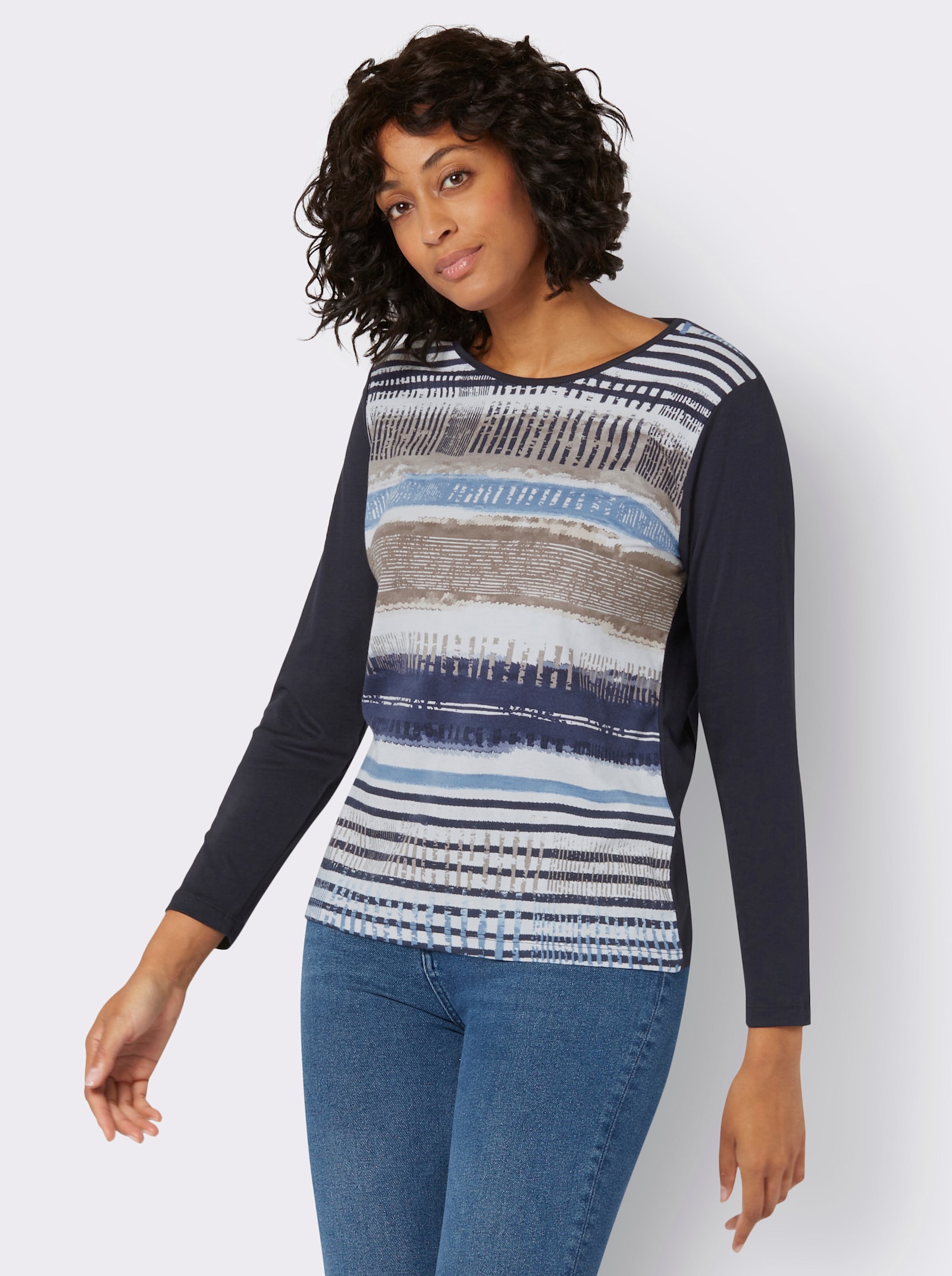 Langarmshirt mit grafischem Muster vorne - marine-gestreift