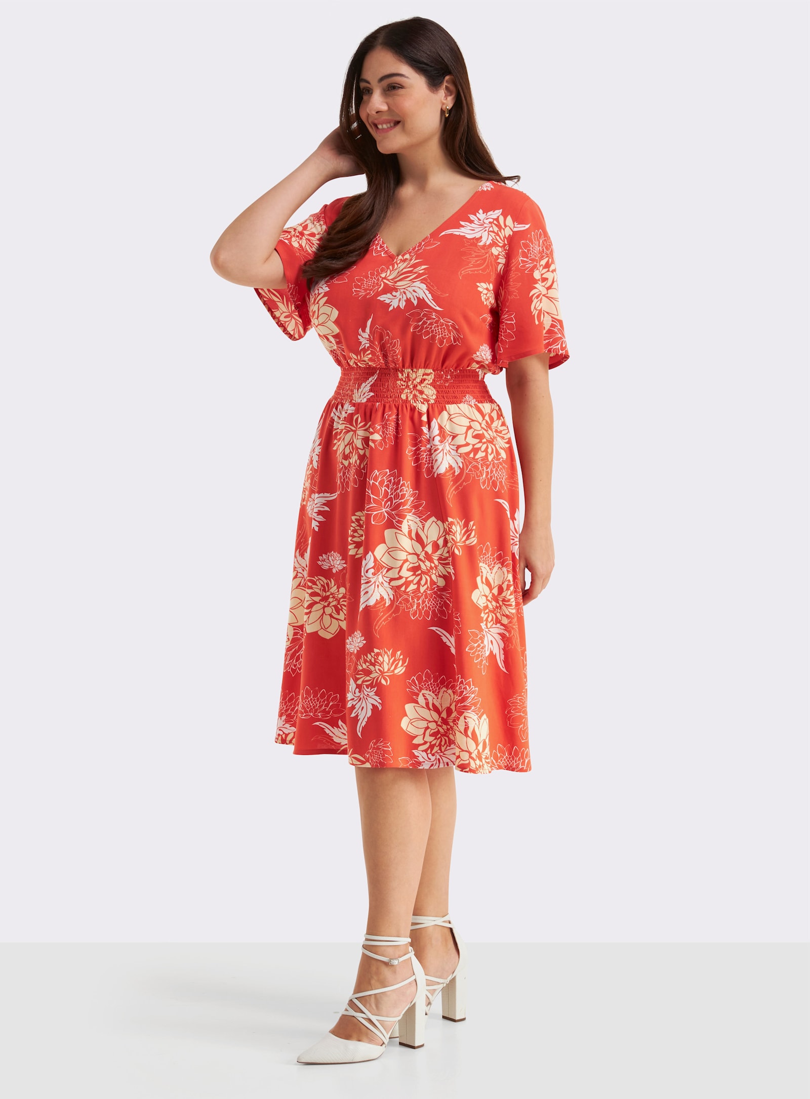 Blumenkleid mit breitem Smokbund - terra-vanille-bedruckt