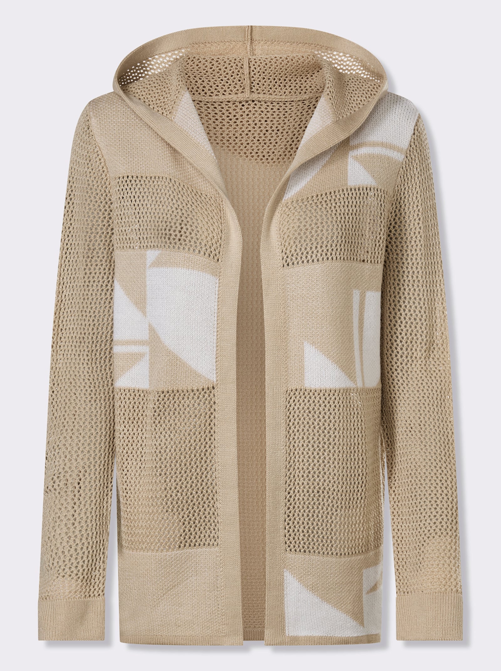 Ajourstrickjacke mit Kapuze - sand-ecru-gemustert