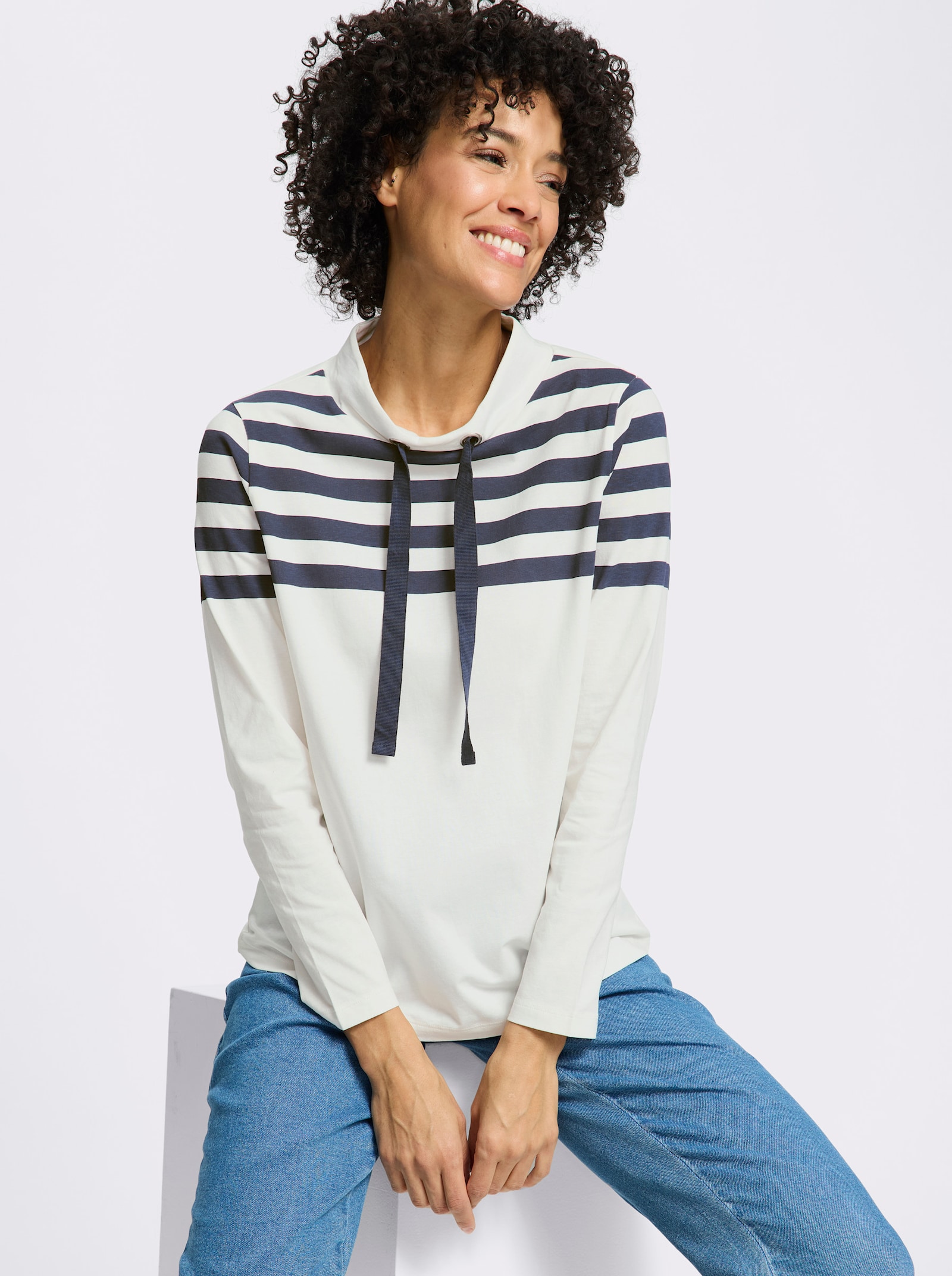 Stehkragenshirt mit Streifenmuster - ecru-marine-bedruckt