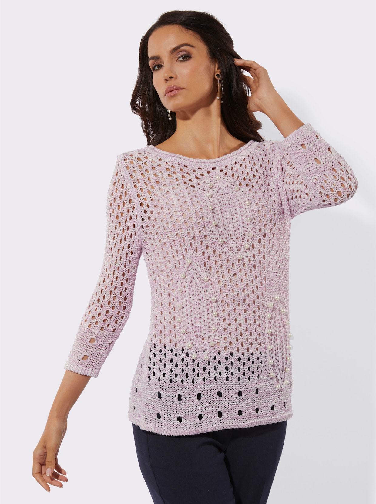 Ajourpullover - ecru-orchidee-meliert