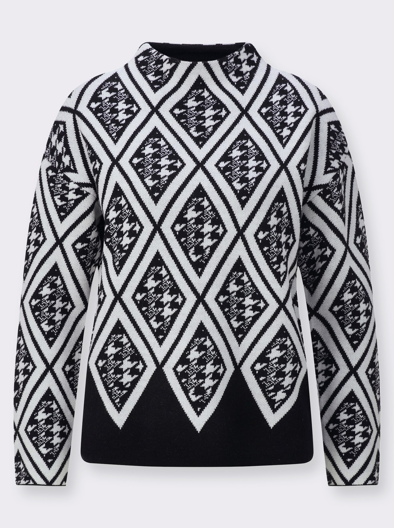 Jacquard-Pullover mit Schurwoll-Anteil - schwarz-ecru-gemustert