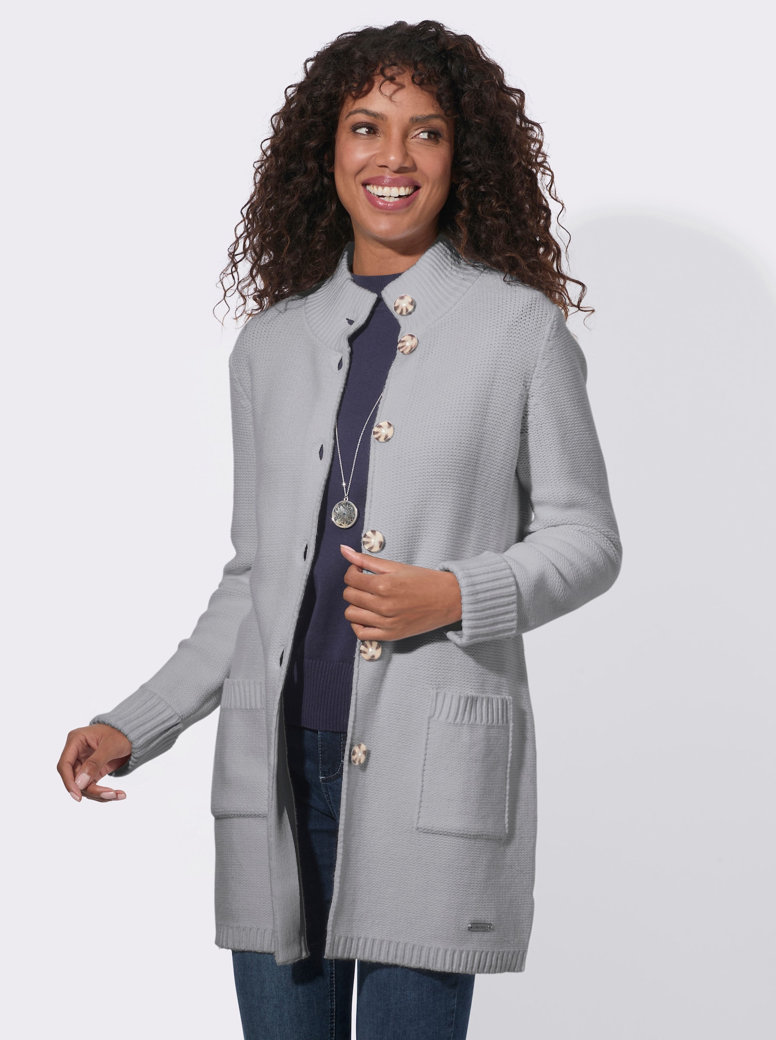 Longstrickjacke im modischen Linksstrick - steingrau-meliert