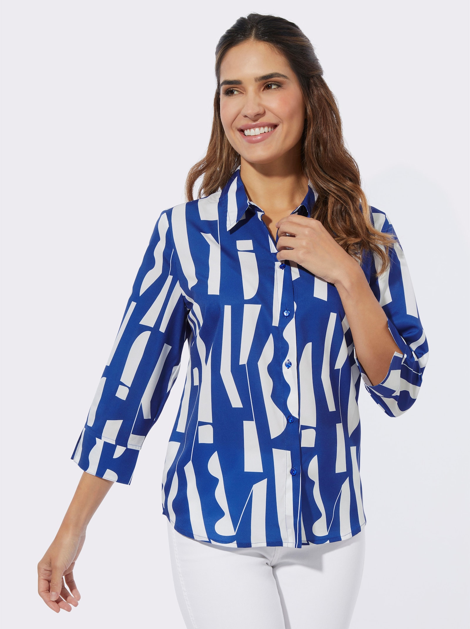 Hemdbluse mit Grafikmuster - royalblau-ecru-bedruckt