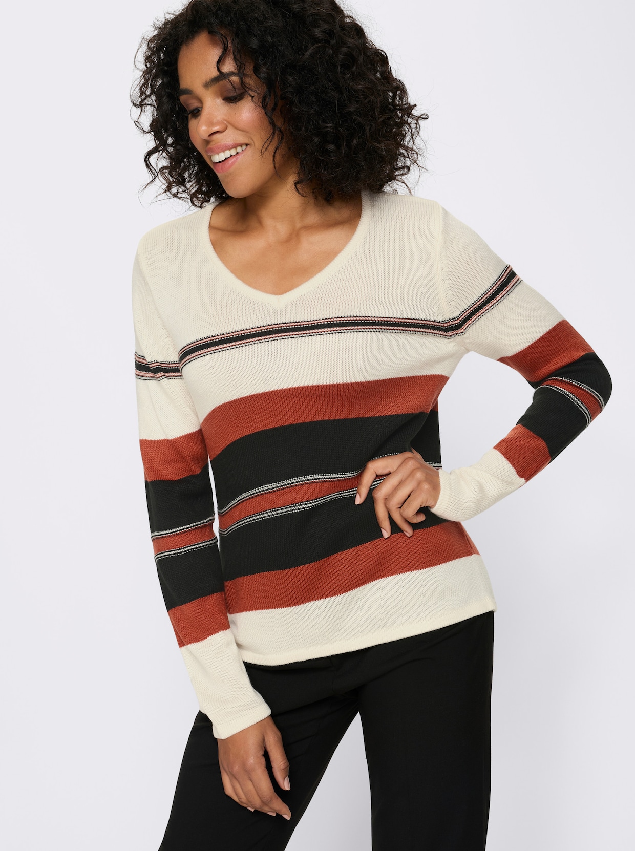 V-Ausschnitt-Pullover - champagner-schwarz-geringelt