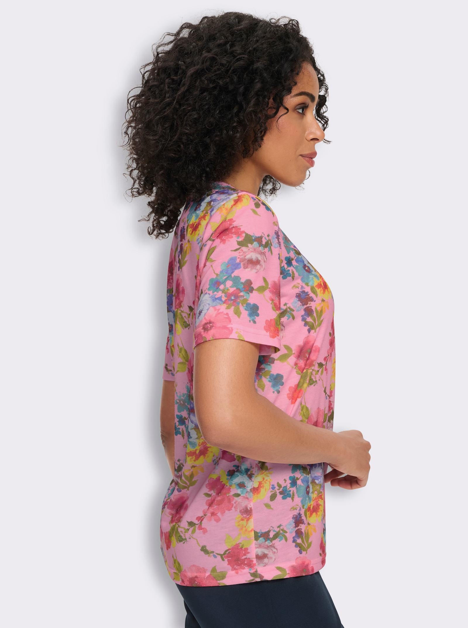 Shirt met ronde hals en bloemetjesprint rondom - oudroze/fuchsia bedrukt