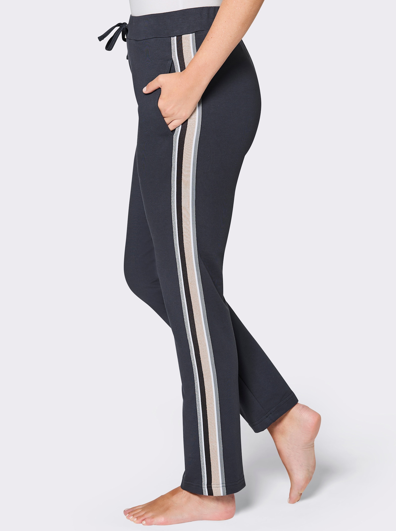 Plantier Dehnbund-Hose mit glitzerndem Galonstreifen - anthrazit-goldfarben